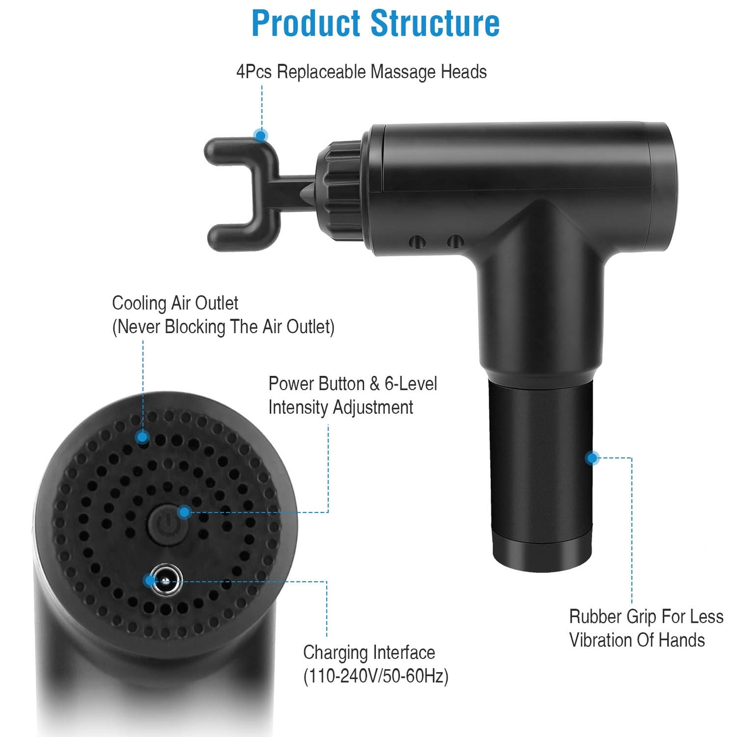 Percussion Massage Gun Rechargeable Deep Tissue Vibration Massager Handheld Leg Body Cordless Massager 4 Interchangeable Head 6 Intensity