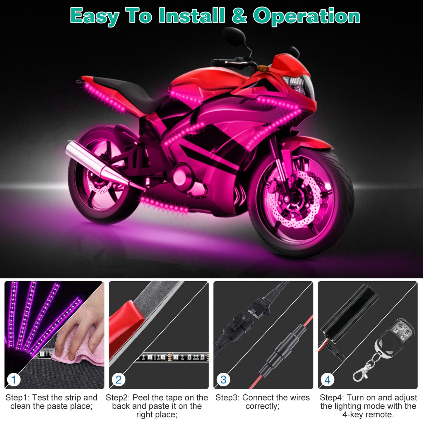 6Pcs Motorcycle LED Light Strips Multi-Color Neon Light Kits Waterproof DC 12V RGB Atmosphere Lights W/ Remote Controller Fit For Motorcycle