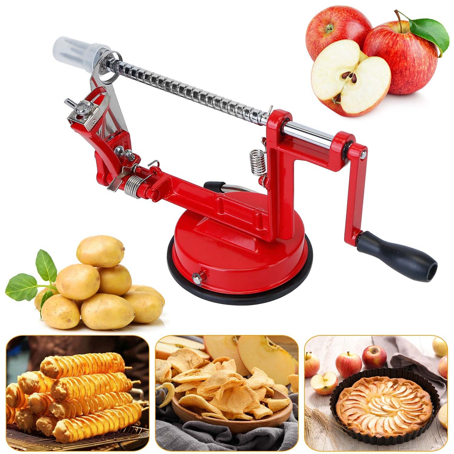 3In 1 Apple Peeler Manual Rotation Potato Fruit Core Slicer Kitchen Hand Cracking Corer w/ Zinc Alloy Peeler Suction Base