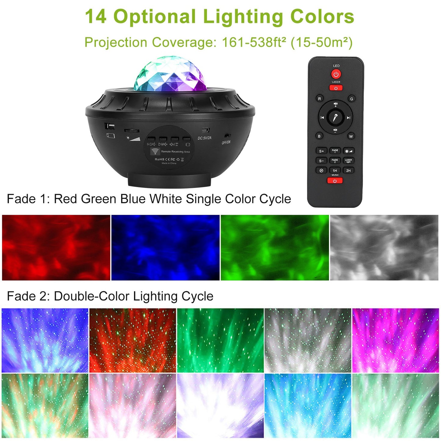 Star Projector Lamp RGBW Wireless Music Speaker Night Light USB Ocean Wave Projector