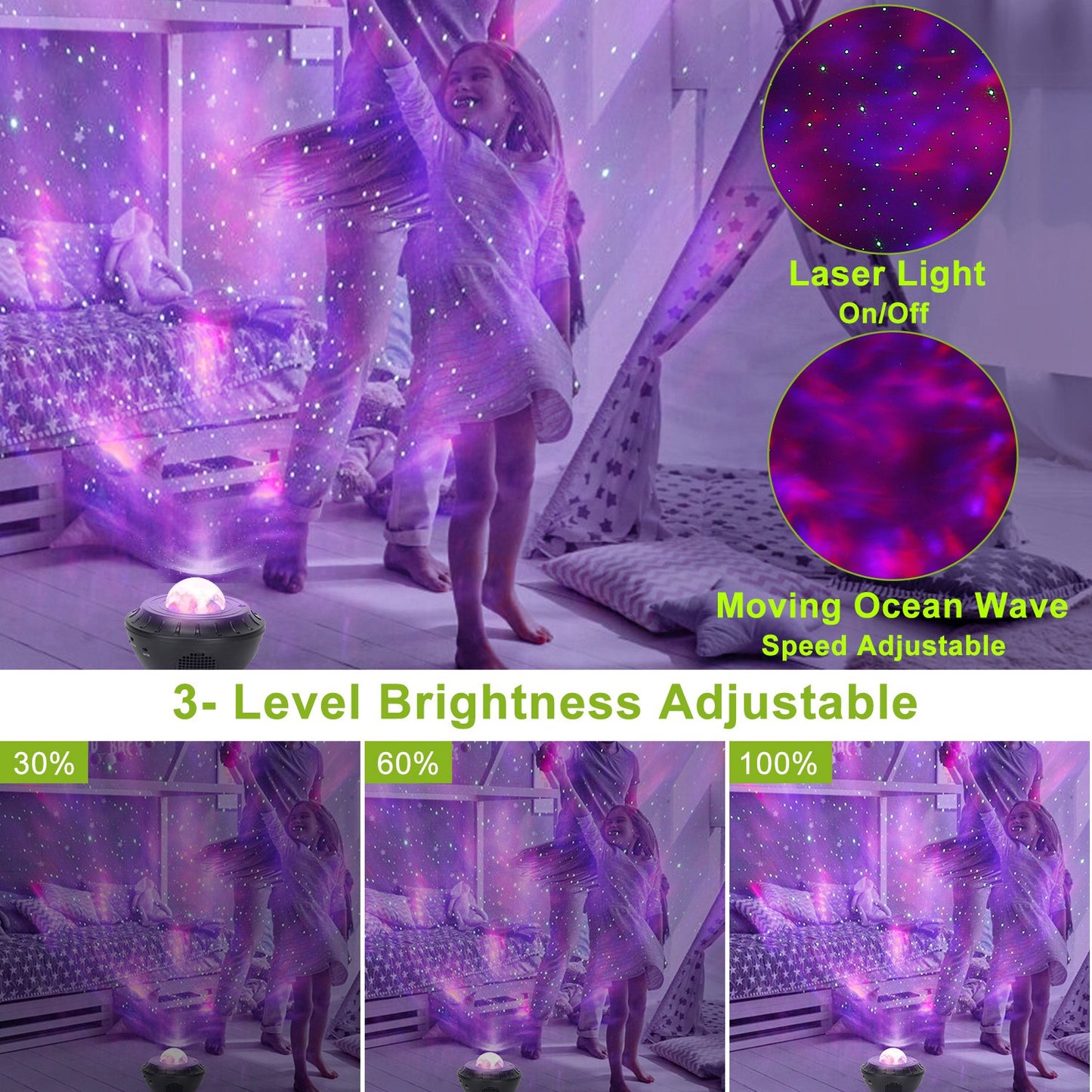 Star Projector Lamp RGBW Wireless Music Speaker Night Light USB Ocean Wave Projector