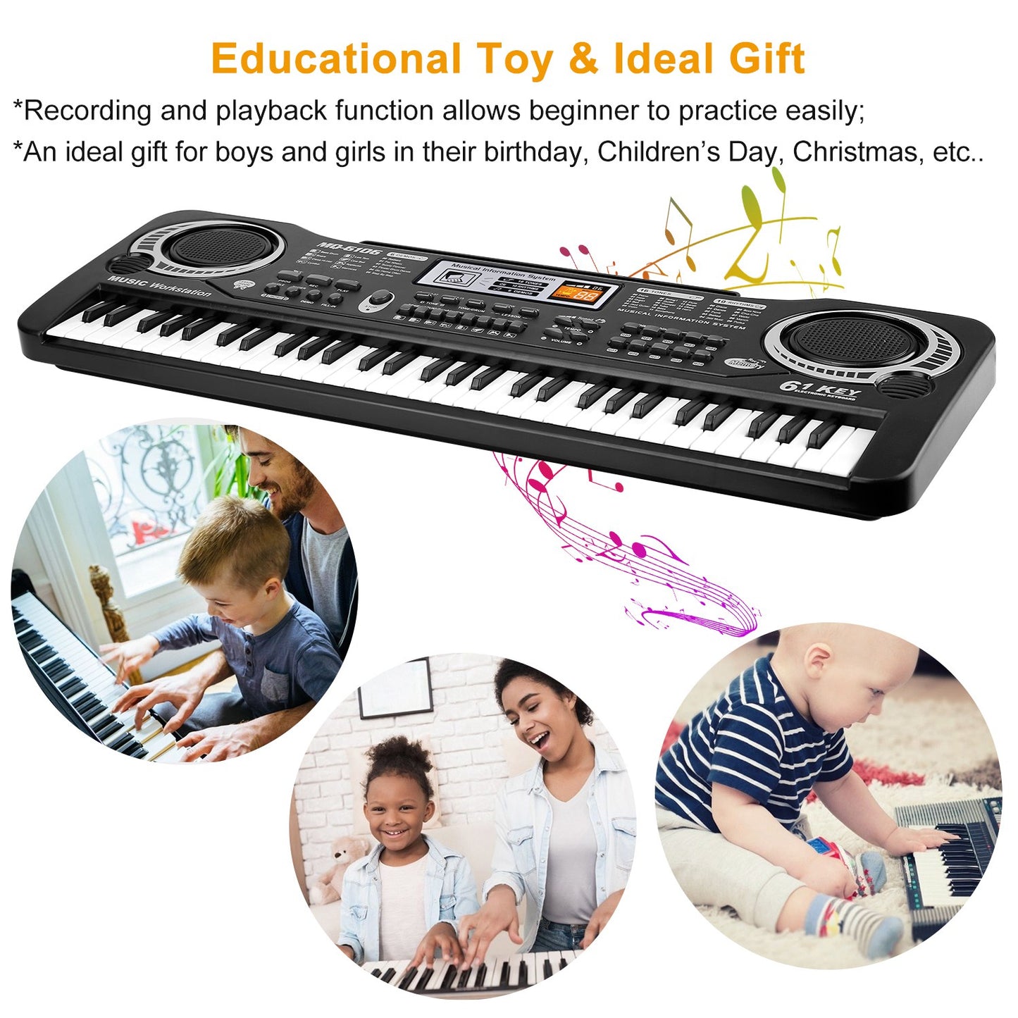 TeqHome 61 Keys Digital Music Electronic Keyboard Electric Piano Musical Instrument Kids Learning Keyboard w/ Microphone For Beginners Kids Girls Boys Adults