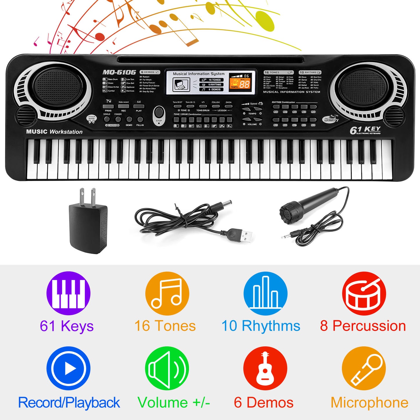 TeqHome 61 Keys Digital Music Electronic Keyboard Electric Piano Musical Instrument Kids Learning Keyboard w/ Microphone For Beginners Kids Girls Boys Adults