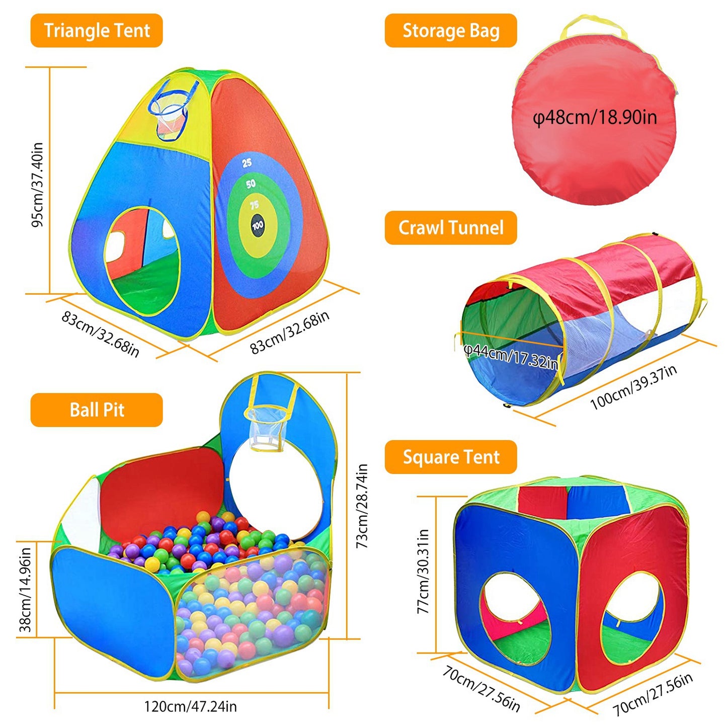 5Pcs Kids Ball Pit Tents Pop Up Playhouse with 2 Crawl Tunnel & 2 Tent For Boys Girls Toddlers
