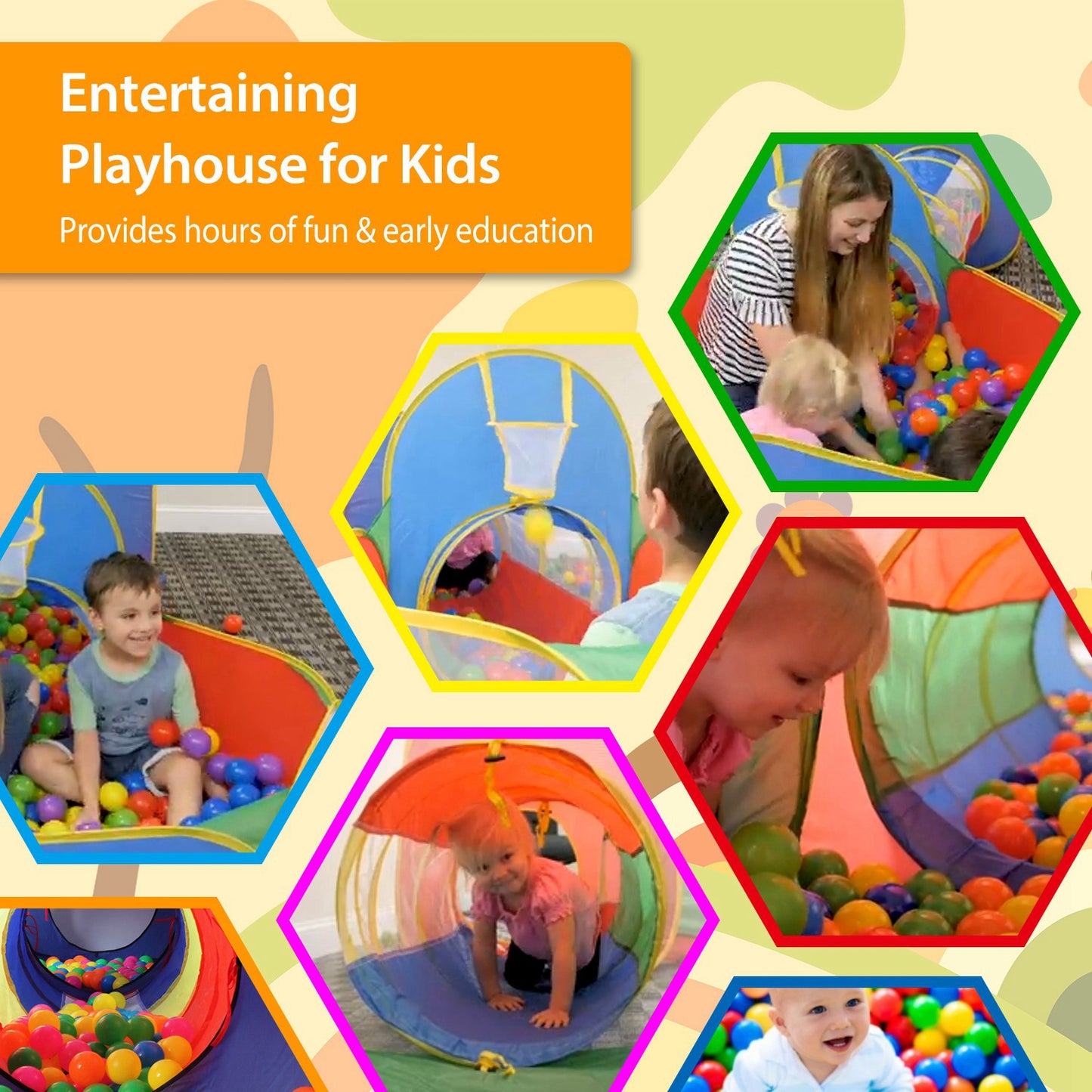5Pcs Kids Ball Pit Tents Pop Up Playhouse with 2 Crawl Tunnel & 2 Tent For Boys Girls Toddlers