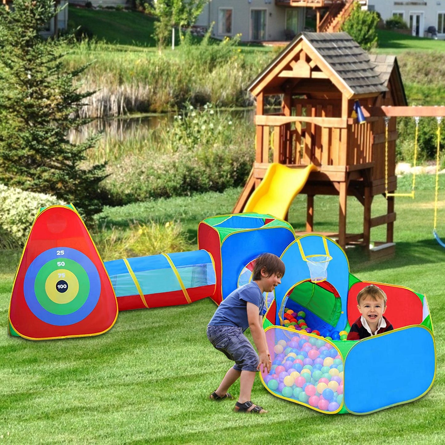5Pcs Kids Ball Pit Tents Pop Up Playhouse with 2 Crawl Tunnel & 2 Tent For Boys Girls Toddlers