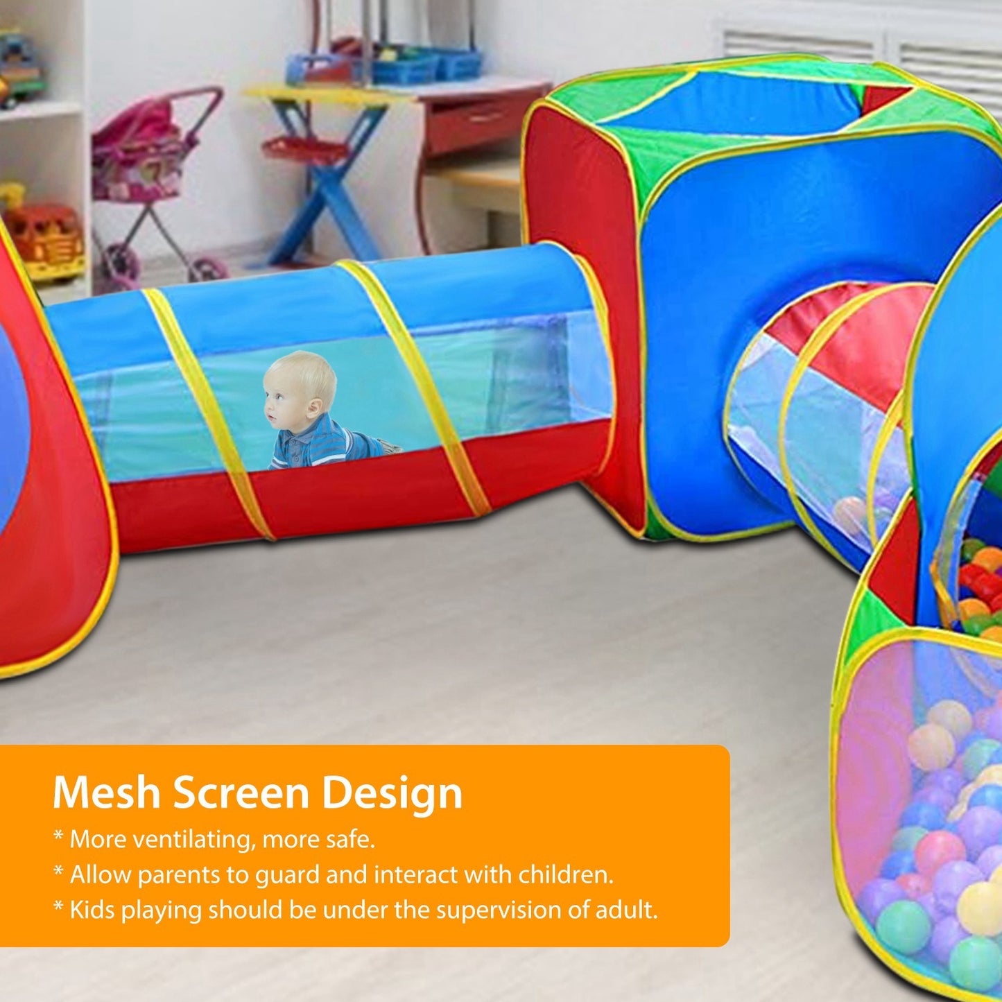 5Pcs Kids Ball Pit Tents Pop Up Playhouse with 2 Crawl Tunnel & 2 Tent For Boys Girls Toddlers