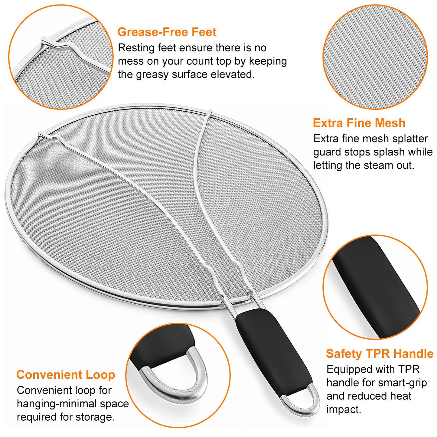 Grease Splatter Screen 13in Stainless Steel Fine Mesh Splash Mesh Shield Hot Oil Stopper w/ Resting Feet