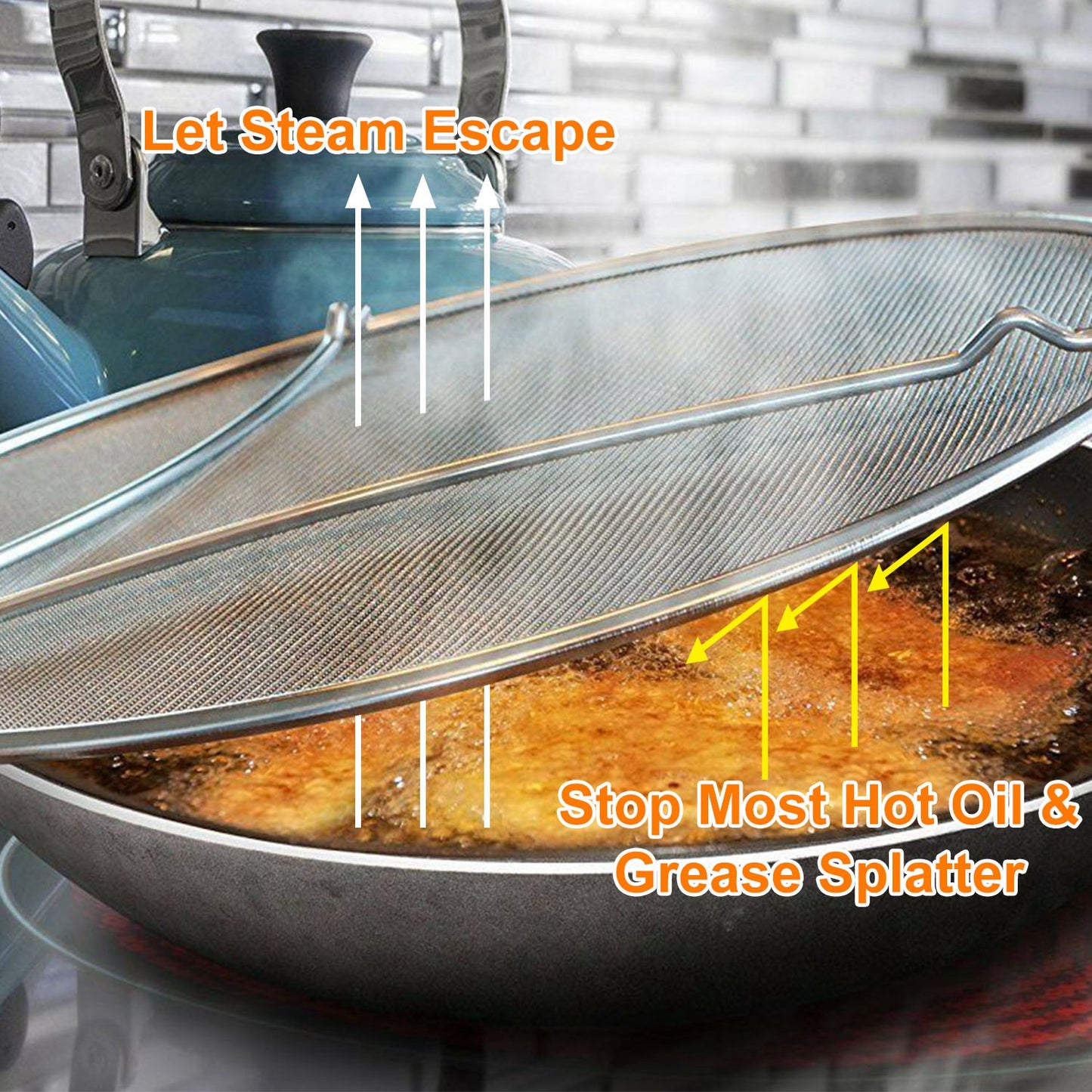 Grease Splatter Screen 13in Stainless Steel Fine Mesh Splash Mesh Shield Hot Oil Stopper w/ Resting Feet