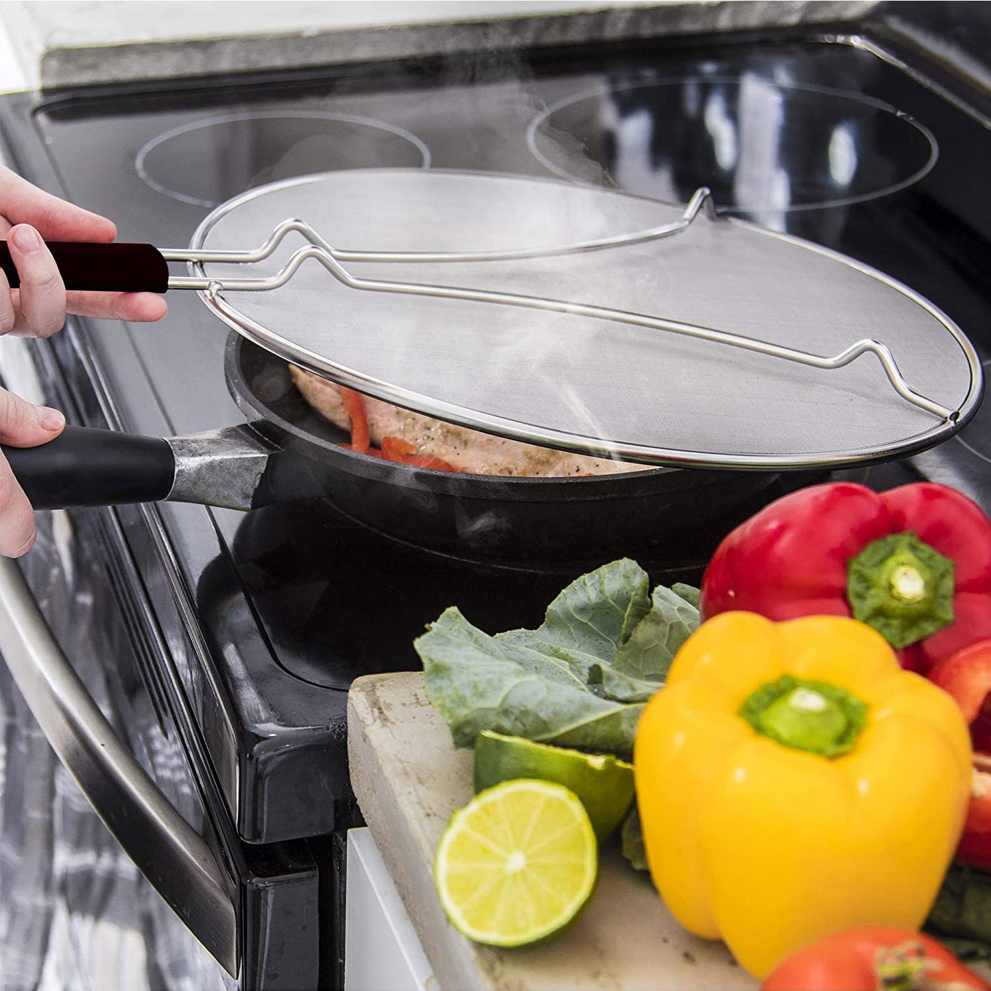Grease Splatter Screen 13in Stainless Steel Fine Mesh Splash Mesh Shield Hot Oil Stopper w/ Resting Feet
