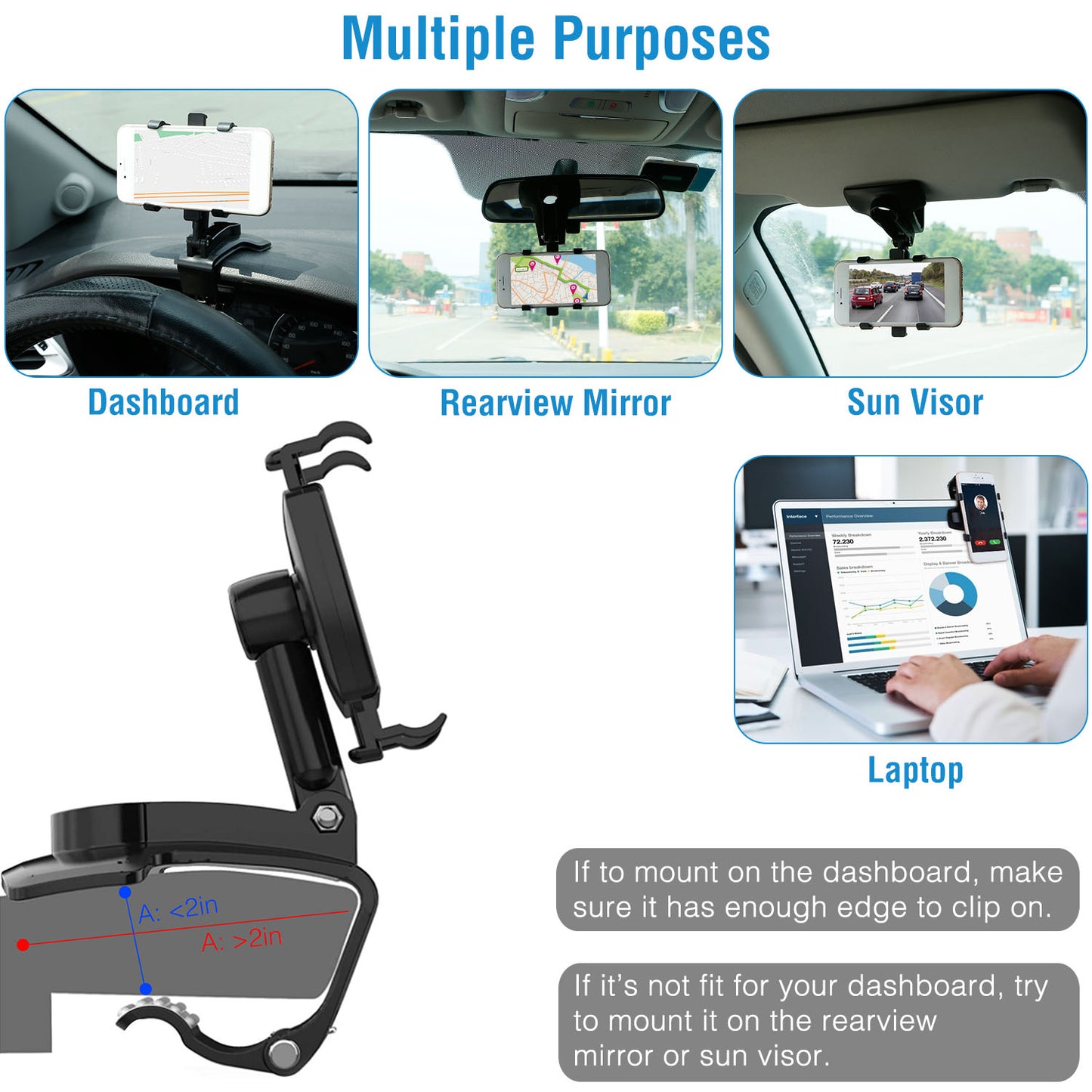 Car Dashboard Phone Stand Car Phone Holder Non-slip 360° Rotation Dashboard Phone Holder Suitable For 3-7in Cell Phone