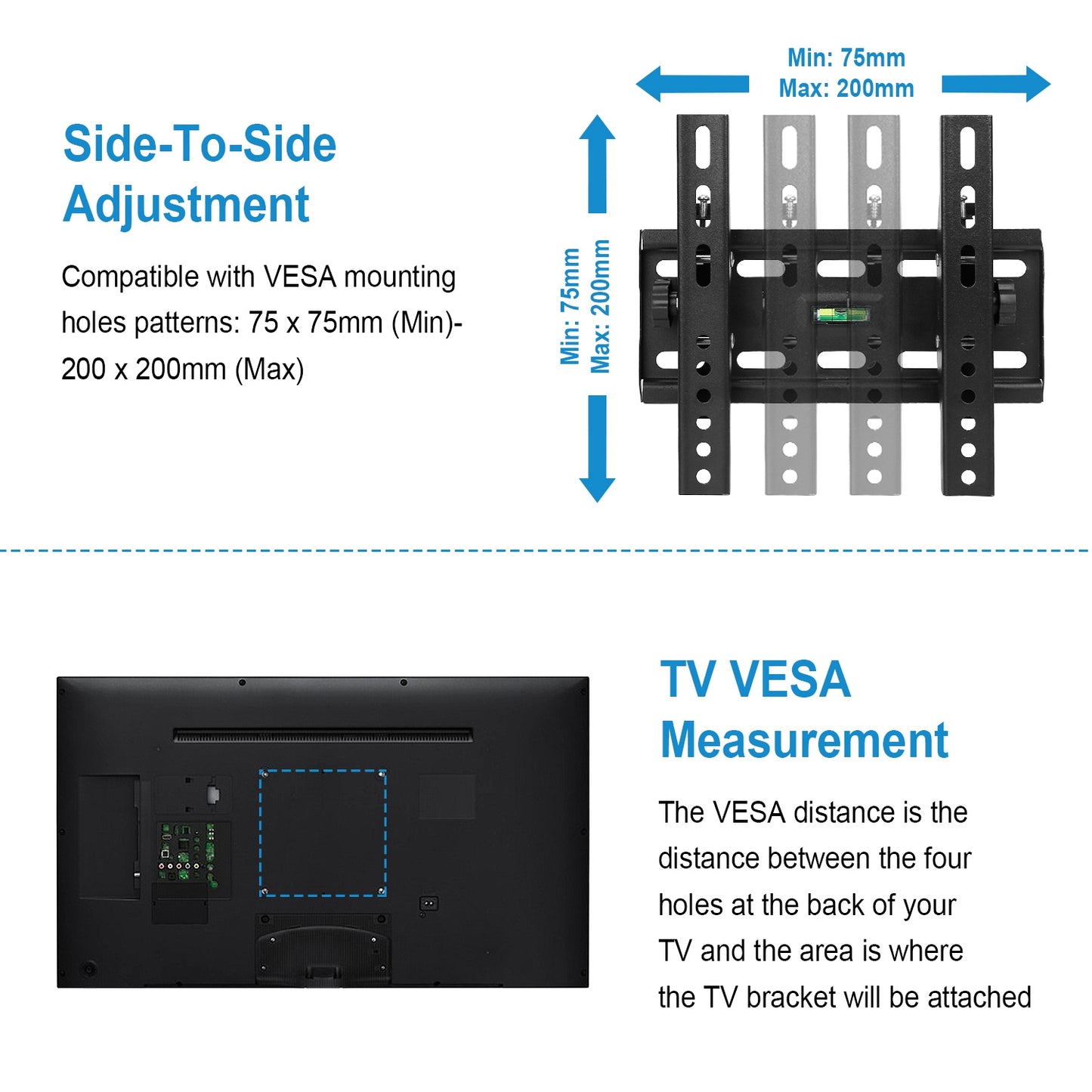 TV Wall Mount TV Wall Holder Bracket Support 15-43 inch Flat TV Max Hole Distance 200x200mm Hold Up To 55lbs±15°Tilt