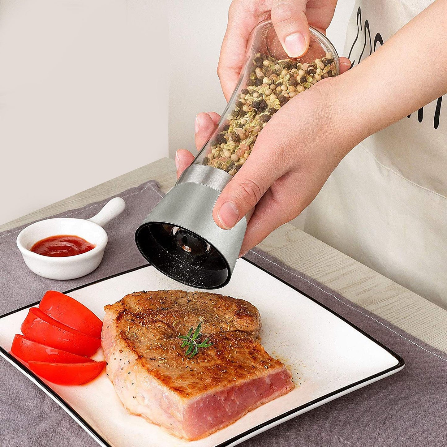 Stainless Steel Salt Pepper Grinder Tall Glass Sea Salt & Pepper Mill Shaker w/ Adjustable Coarseness