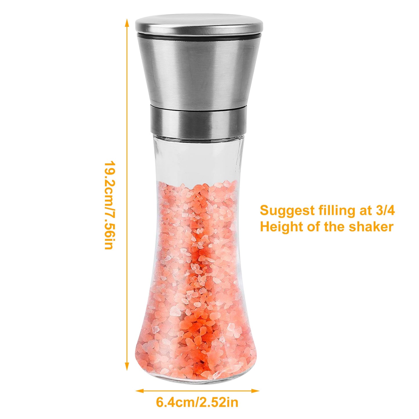 Stainless Steel Salt Pepper Grinder Tall Glass Sea Salt & Pepper Mill Shaker w/ Adjustable Coarseness