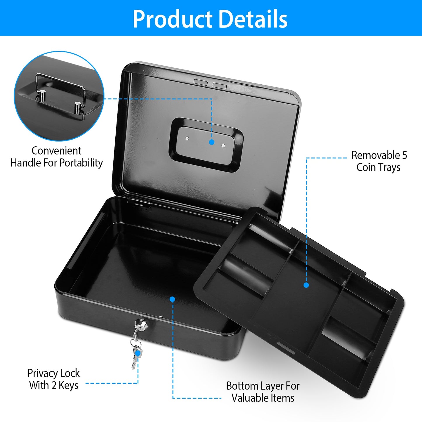 Steel Cash Box w/ Removable Tray Safe Locker Tiered Valuables Checks Jewelry Counter Cashier Drawer w/ Dual Keys