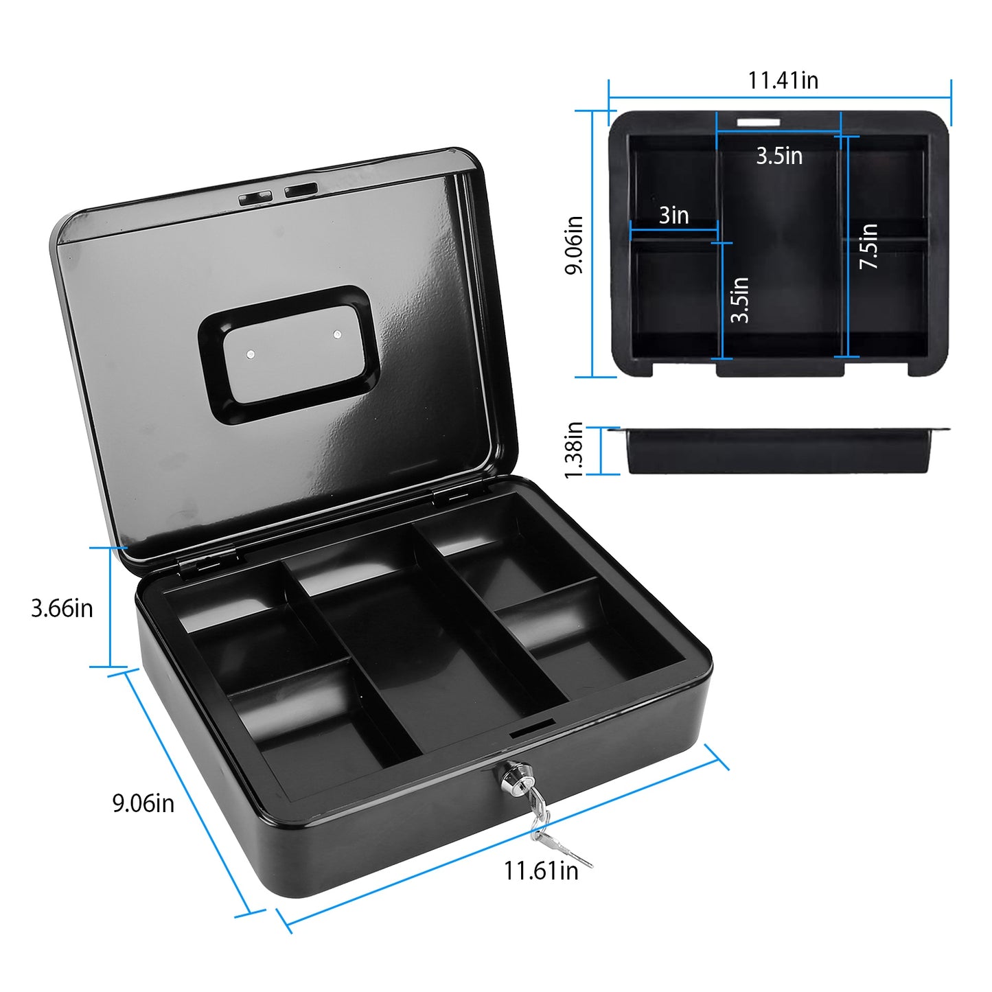 Steel Cash Box w/ Removable Tray Safe Locker Tiered Valuables Checks Jewelry Counter Cashier Drawer w/ Dual Keys