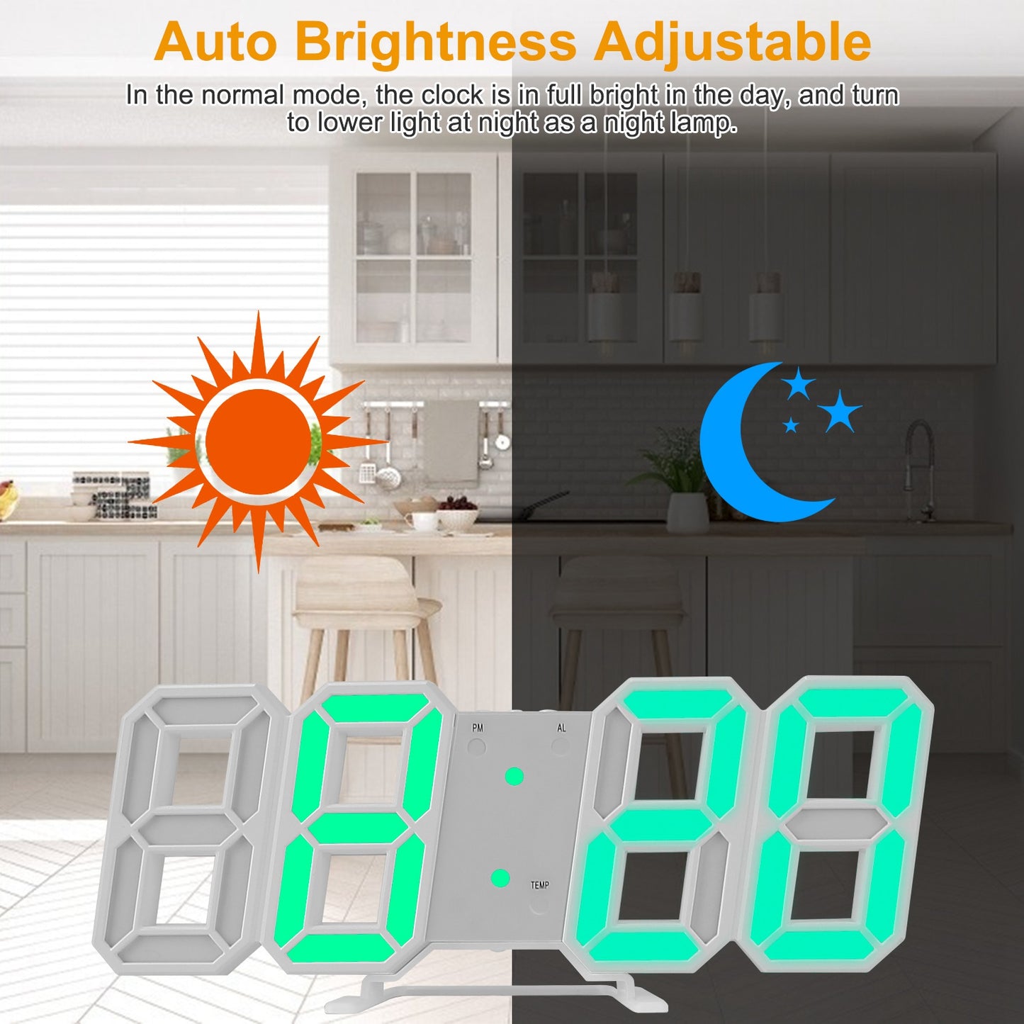 3D LED Digital Wall Clock Sound Control  Alarm Clock w/ 3 Auto Adjustable Brightness Snooze Date Temperature 12/24Hr Time Display