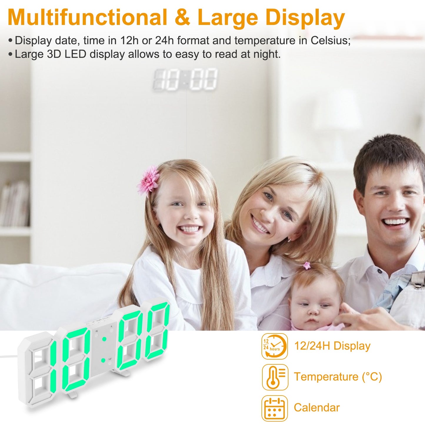 3D LED Digital Wall Clock Sound Control  Alarm Clock w/ 3 Auto Adjustable Brightness Snooze Date Temperature 12/24Hr Time Display