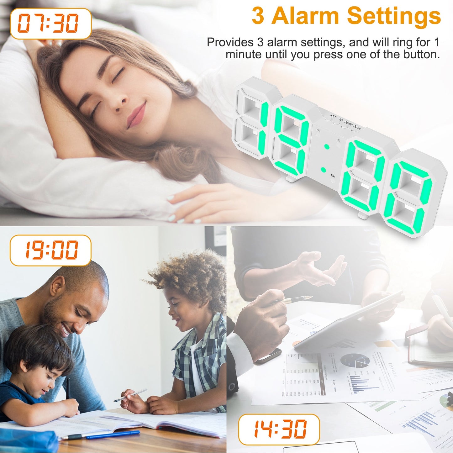 3D LED Digital Wall Clock Sound Control  Alarm Clock w/ 3 Auto Adjustable Brightness Snooze Date Temperature 12/24Hr Time Display