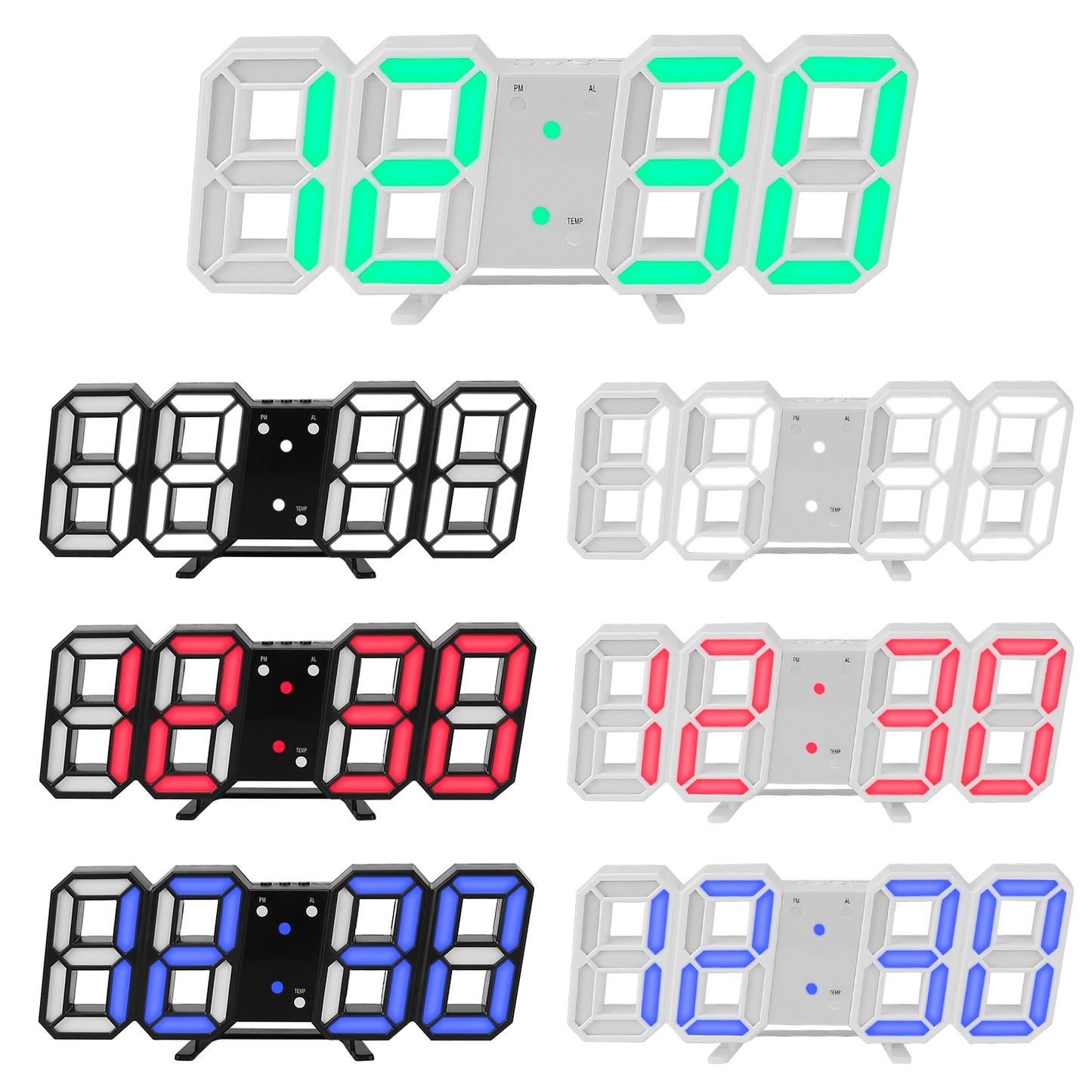 3D LED Digital Wall Clock Sound Control  Alarm Clock w/ 3 Auto Adjustable Brightness Snooze Date Temperature 12/24Hr Time Display