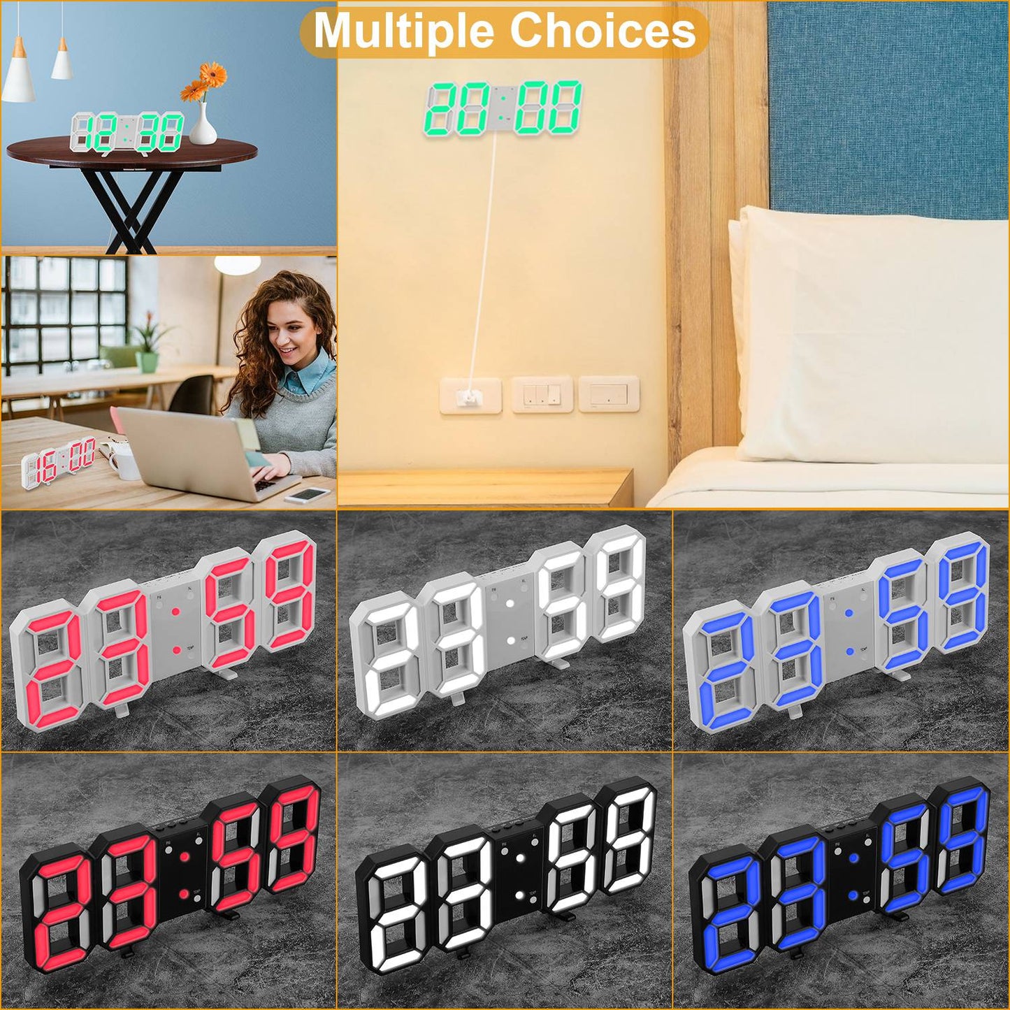 3D LED Digital Wall Clock Sound Control  Alarm Clock w/ 3 Auto Adjustable Brightness Snooze Date Temperature 12/24Hr Time Display