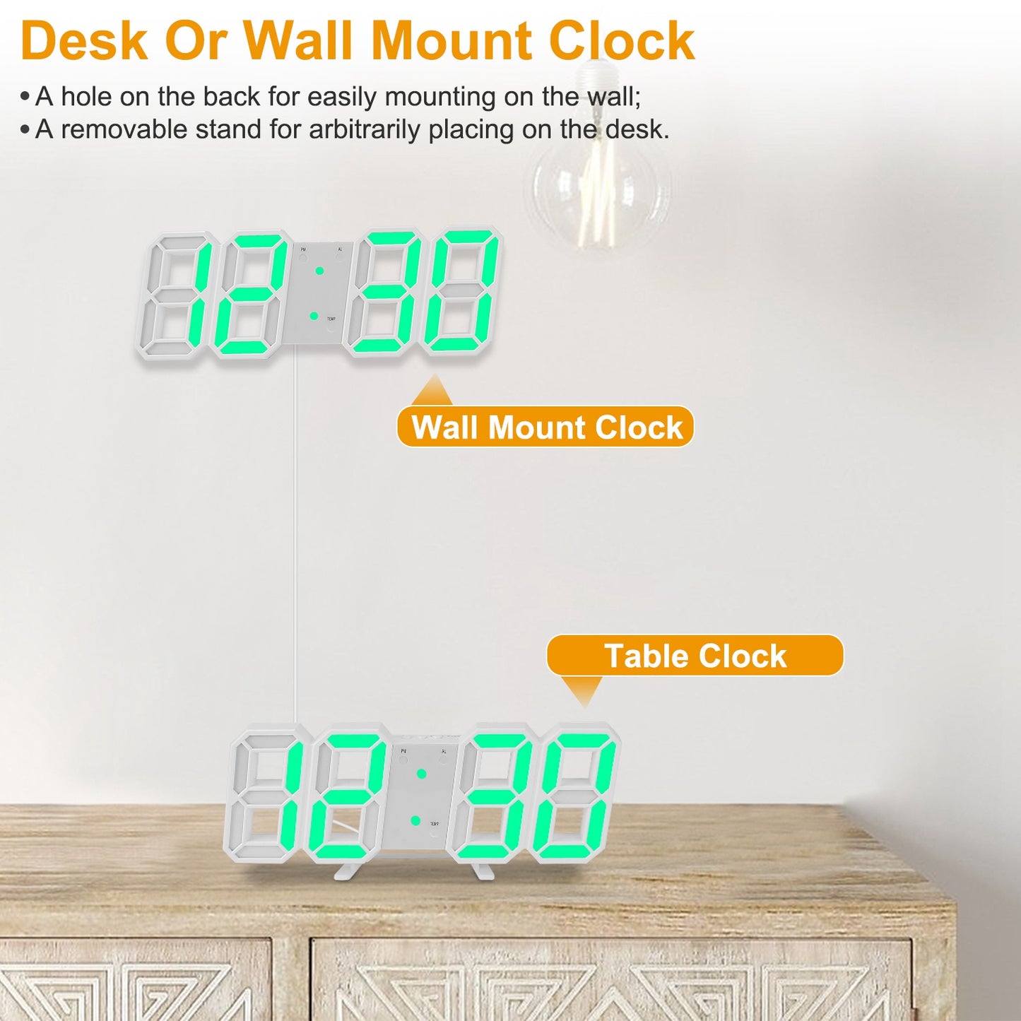 3D LED Digital Wall Clock Sound Control  Alarm Clock w/ 3 Auto Adjustable Brightness Snooze Date Temperature 12/24Hr Time Display