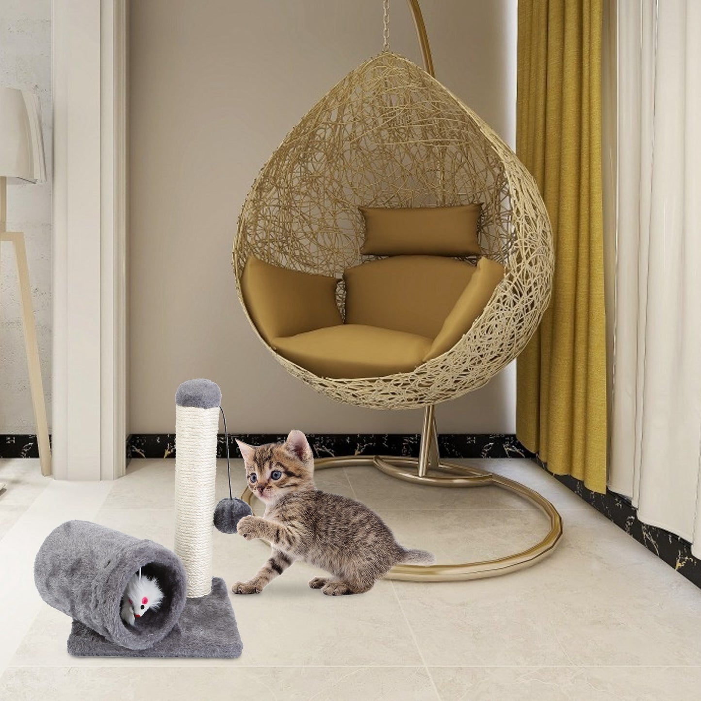 Cat Scratching Post Cat Kitten Sisal Scratch Post Toy w/ Tunnel & Lifelike Mouse Toy Pet Activity Play Fun