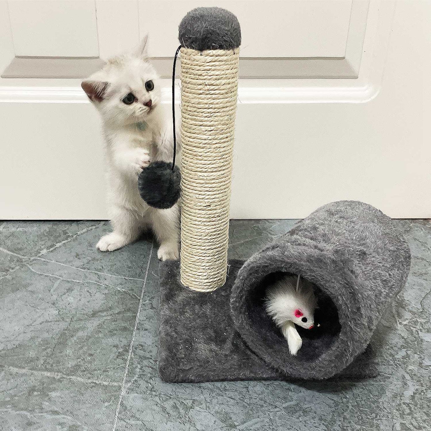 Cat Scratching Post Cat Kitten Sisal Scratch Post Toy w/ Tunnel & Lifelike Mouse Toy Pet Activity Play Fun