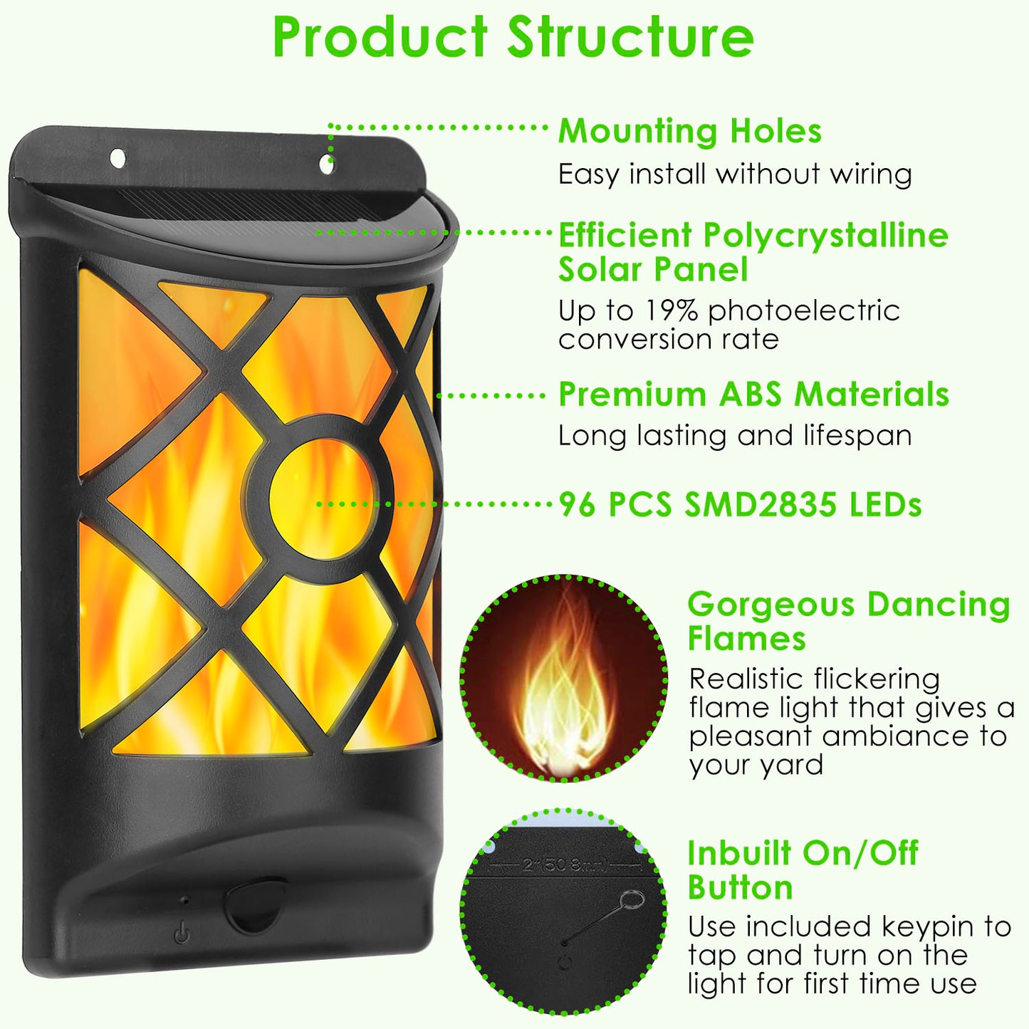 Flame Solar Lights Outdoor 96 LEDs Waterproof Flickering Flame Wall Mount Lamp Auto On Off