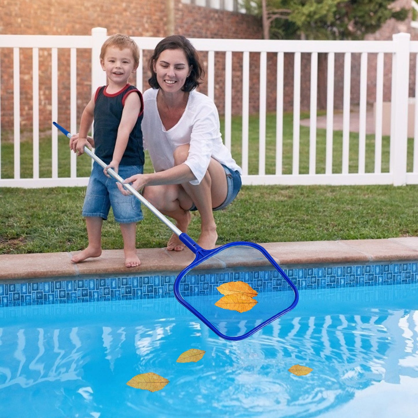Swinging Pool Skimmer Cleaner Mesh Net Leaf Cleaning Scoop Pool Leaf Rake Debris Skimmer w/ Fine Mesh 4 Telescopic Pole Sections