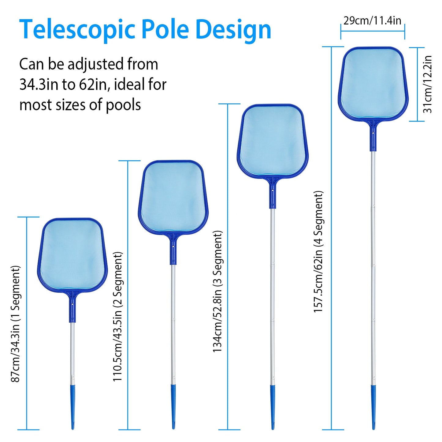 Swinging Pool Skimmer Cleaner Mesh Net Leaf Cleaning Scoop Pool Leaf Rake Debris Skimmer w/ Fine Mesh 4 Telescopic Pole Sections
