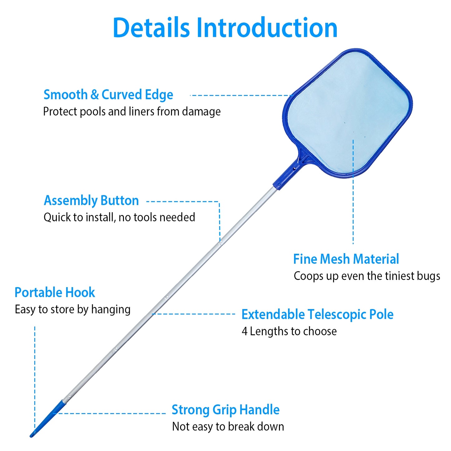 Swinging Pool Skimmer Cleaner Mesh Net Leaf Cleaning Scoop Pool Leaf Rake Debris Skimmer w/ Fine Mesh 4 Telescopic Pole Sections