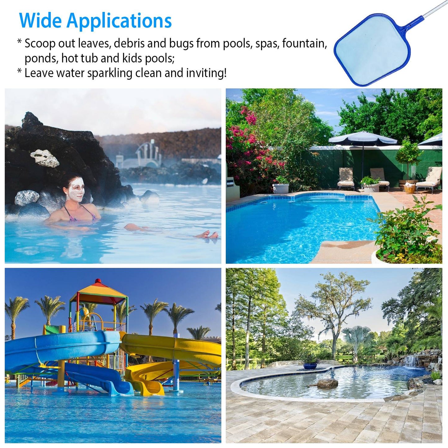 Swinging Pool Skimmer Cleaner Mesh Net Leaf Cleaning Scoop Pool Leaf Rake Debris Skimmer w/ Fine Mesh 4 Telescopic Pole Sections