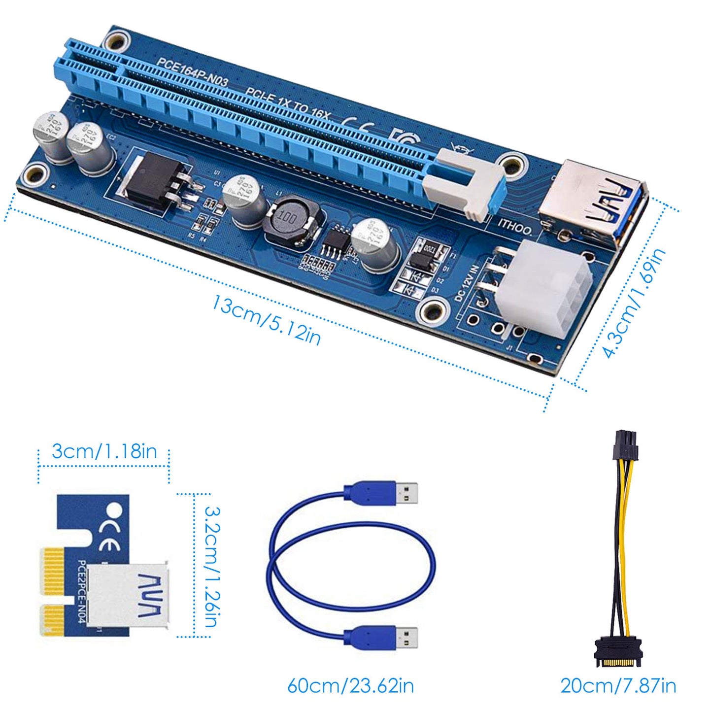 5Sets PCI-E PCI Express Risers GPU Mining Powered Riser Adapter Card w/ 23.62in USB 3.0 Cable