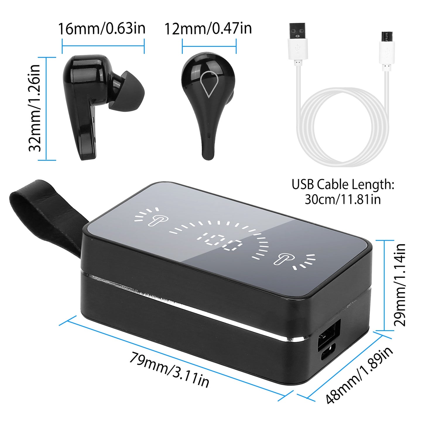 True Wireless V5.0 Earbuds IPX7 Waterproof Touch Control In-Ear Stereo Headsets TWS Noise Canceling Earbuds w/ LED Display Magnetic Charging