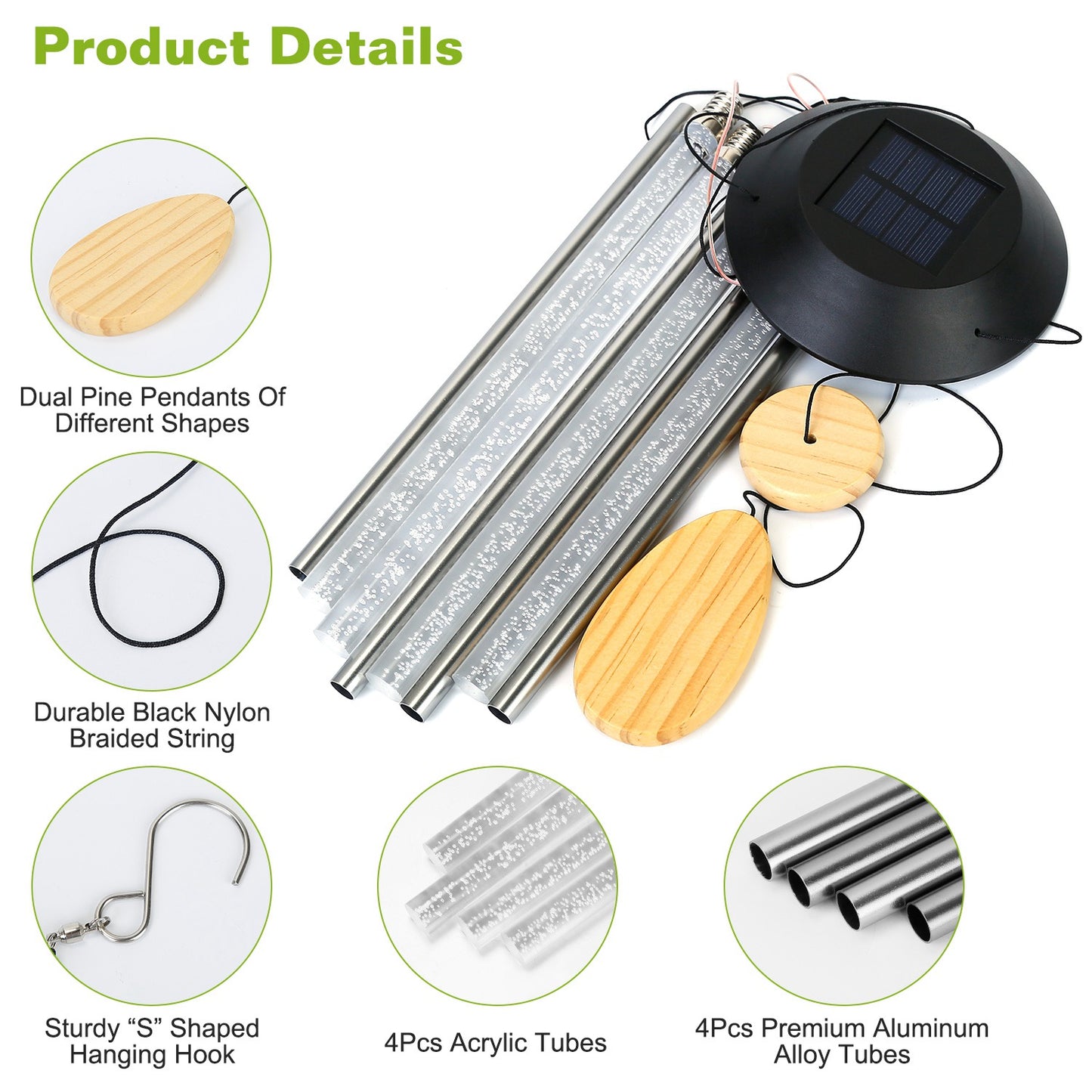Solar Wind Chime Lights 7 Color Changing Decorative Lamp IP65 Waterproof Hanging String Lights w/ Dual Pendants For Home Garden Party