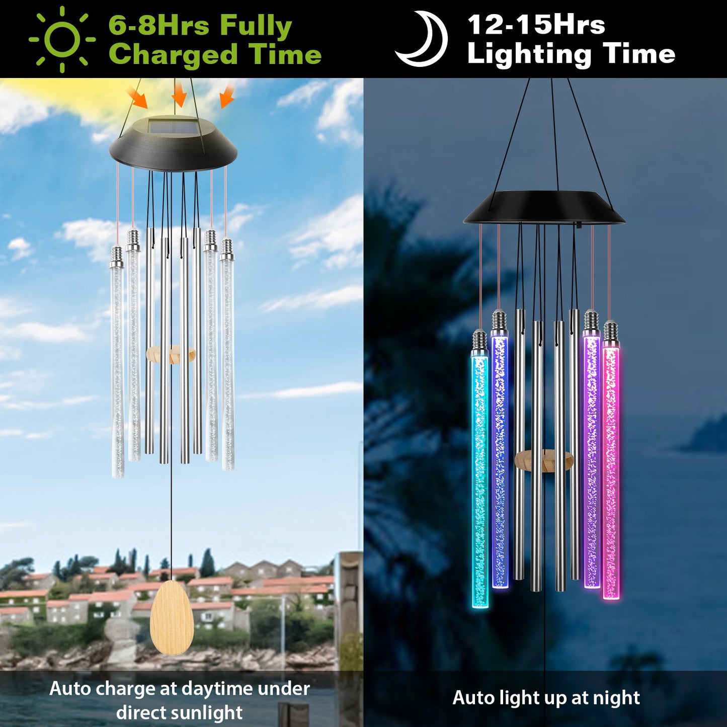 Solar Wind Chime Lights 7 Color Changing Decorative Lamp IP65 Waterproof Hanging String Lights w/ Dual Pendants For Home Garden Party