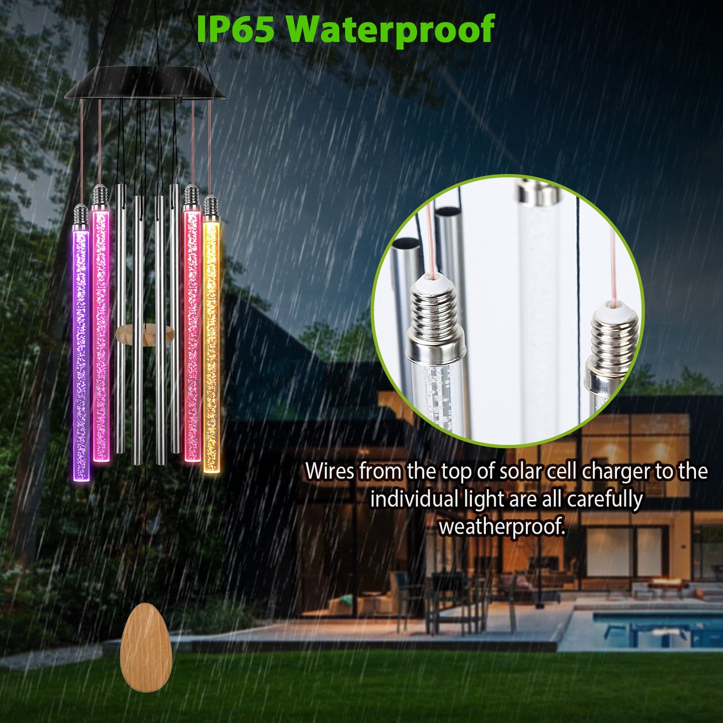 Solar Wind Chime Lights 7 Color Changing Decorative Lamp IP65 Waterproof Hanging String Lights w/ Dual Pendants For Home Garden Party