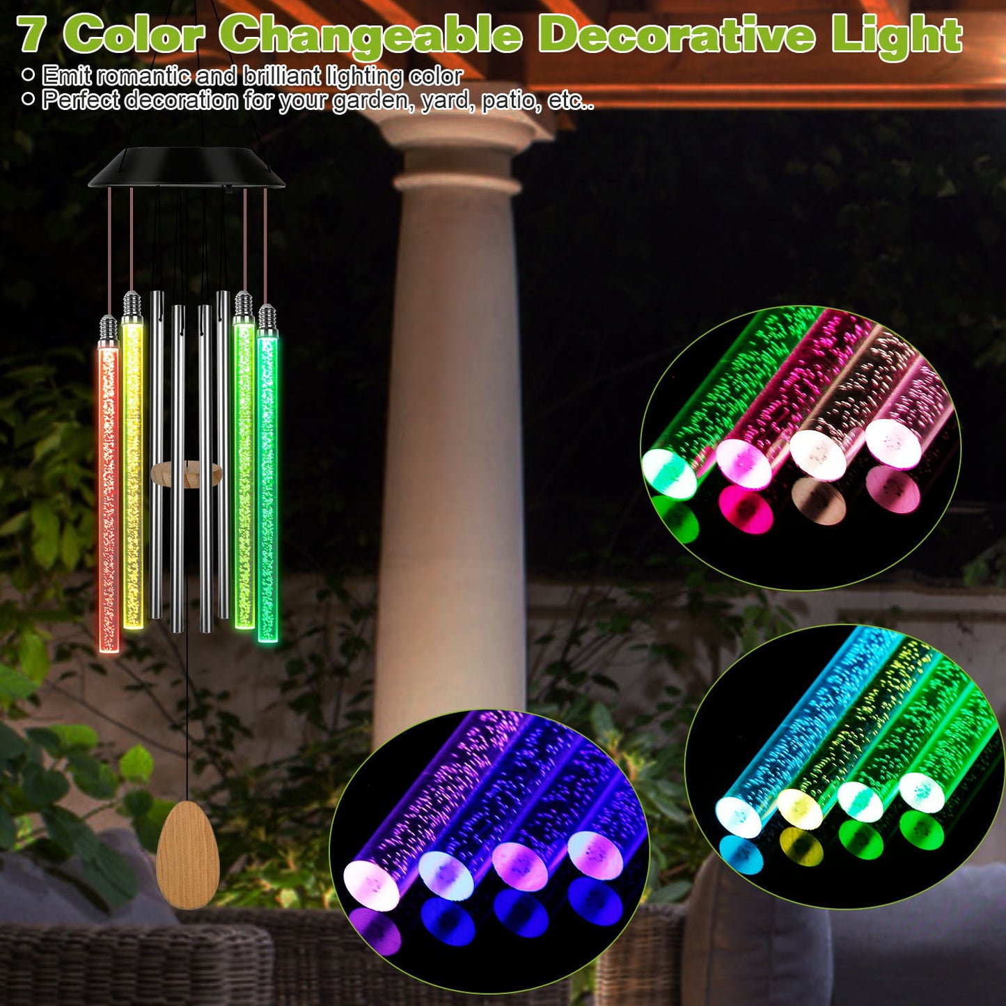 Solar Wind Chime Lights 7 Color Changing Decorative Lamp IP65 Waterproof Hanging String Lights w/ Dual Pendants For Home Garden Party