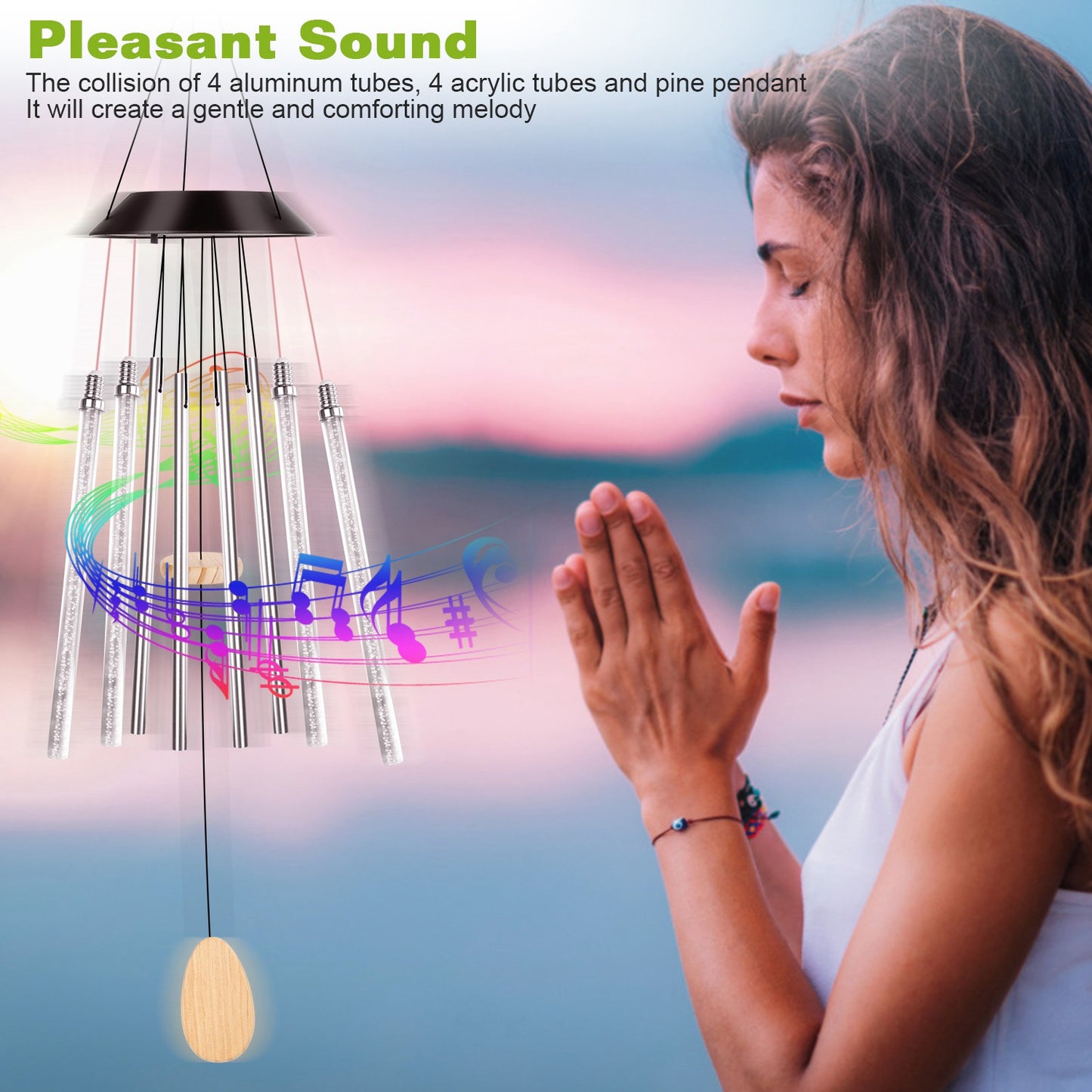 Solar Wind Chime Lights 7 Color Changing Decorative Lamp IP65 Waterproof Hanging String Lights w/ Dual Pendants For Home Garden Party
