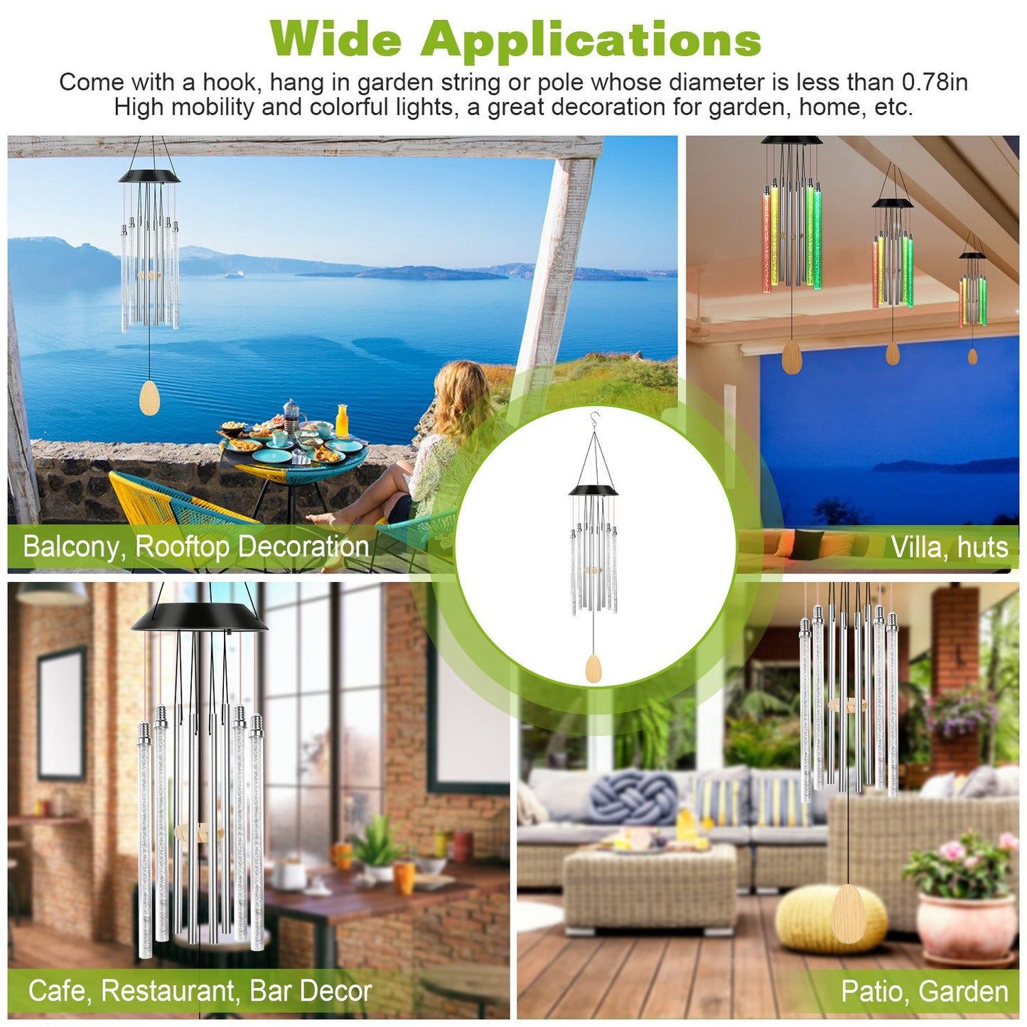 Solar Wind Chime Lights 7 Color Changing Decorative Lamp IP65 Waterproof Hanging String Lights w/ Dual Pendants For Home Garden Party