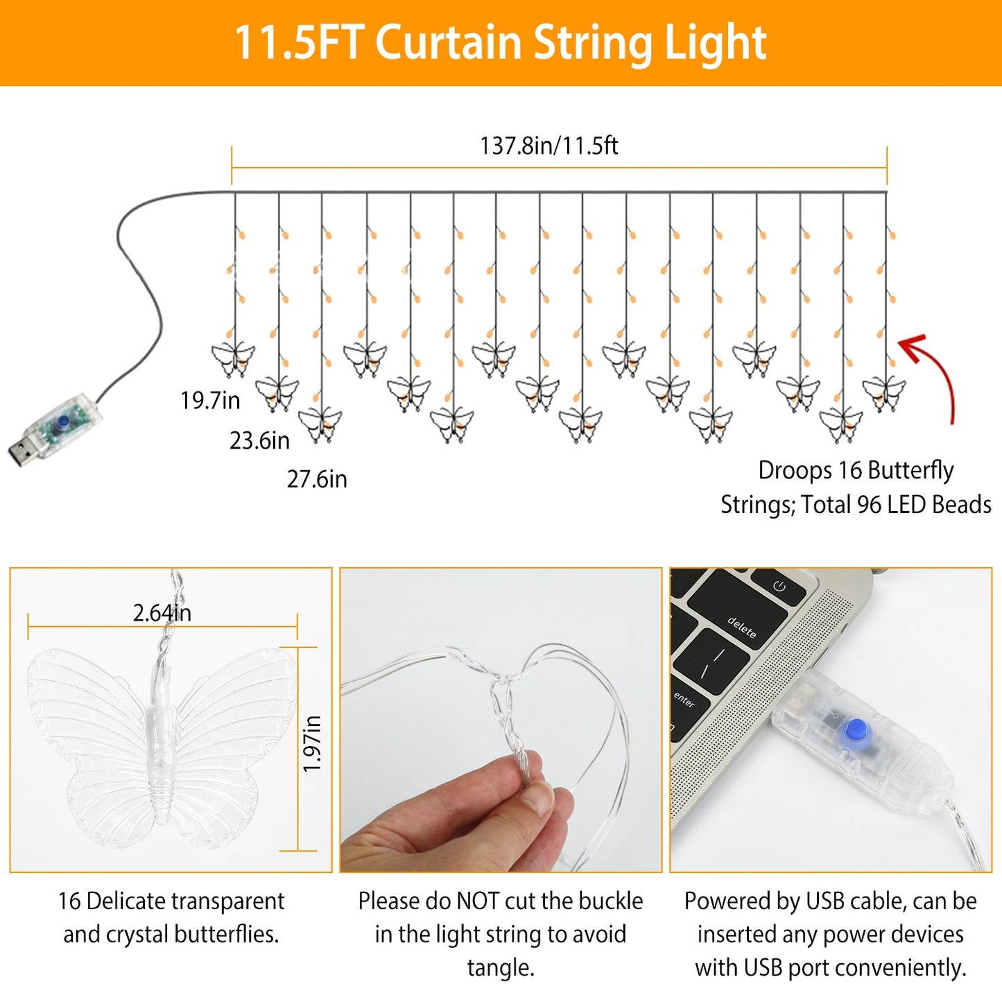 Butterfly Curtain String Lights USB Powered Colorful LED Fairy Lamps w/8 Modes 96 LED Remote Control 11.5ft for Bedroom Weddings Christmas