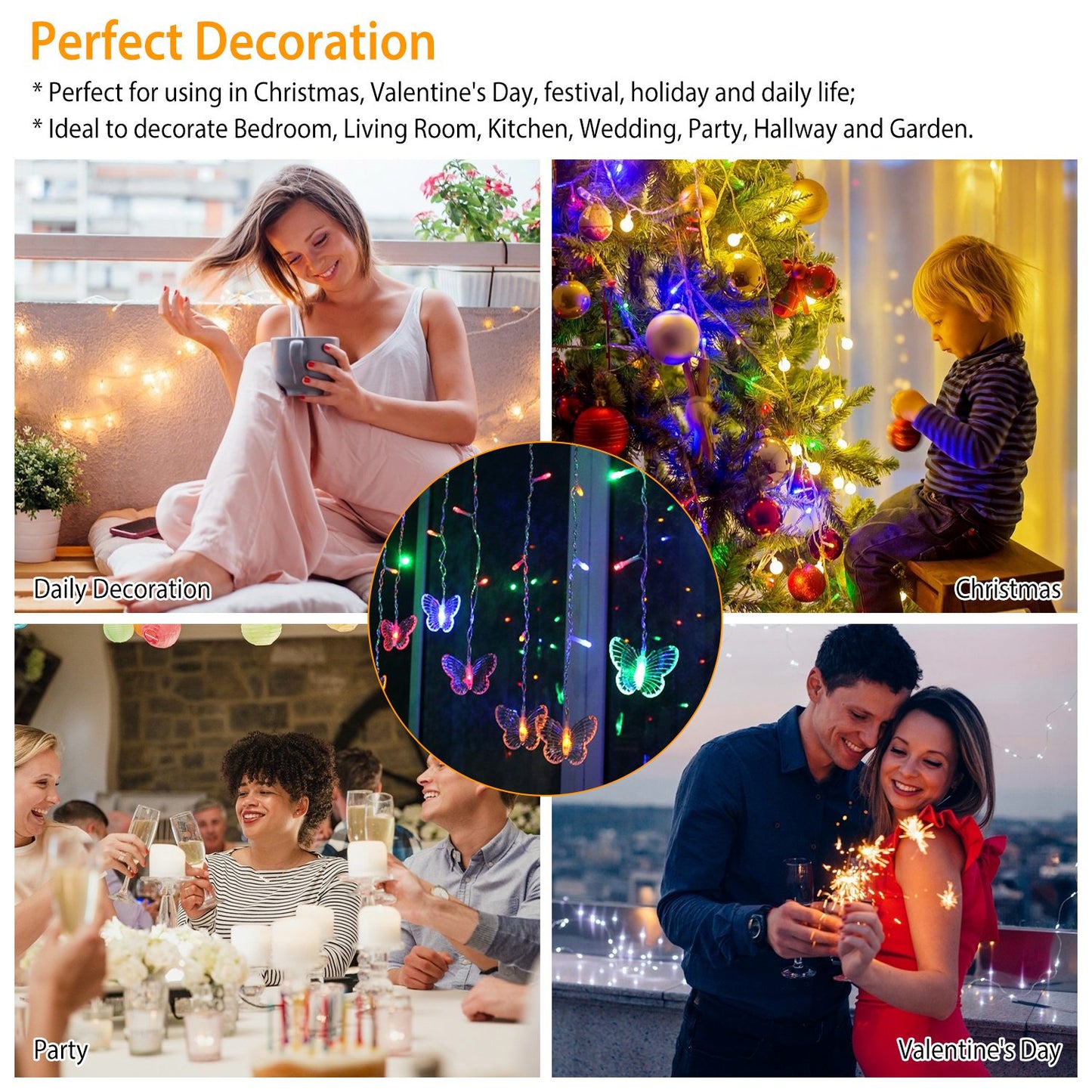 Butterfly Curtain String Lights USB Powered Colorful LED Fairy Lamps w/8 Modes 96 LED Remote Control 11.5ft for Bedroom Weddings Christmas