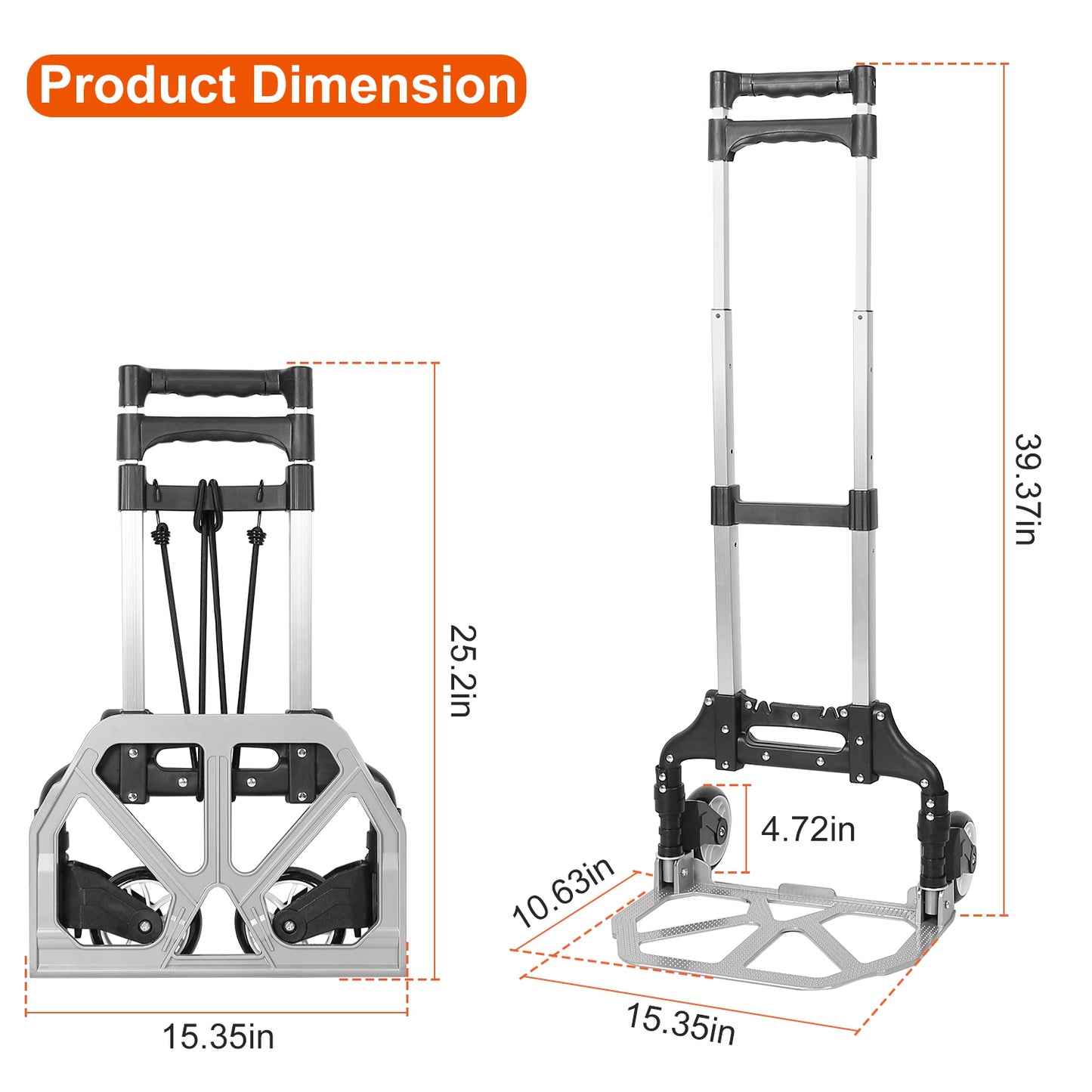 Folding Luggage Cart Foldable Hand Truck Portable Dolly Aluminum Alloy Trolley w/ 3 Height Adjustment Telescopic Handle Elastic Rope 165LBS