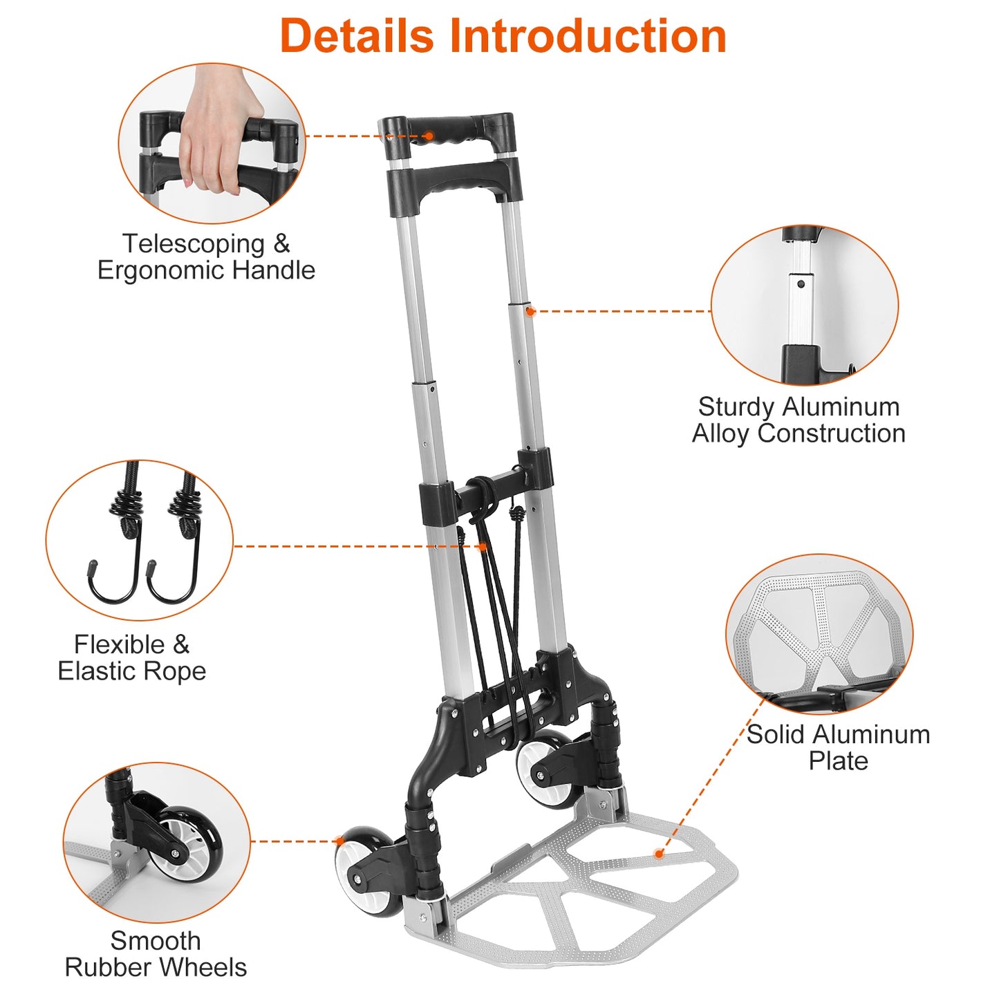 Folding Luggage Cart Foldable Hand Truck Portable Dolly Aluminum Alloy Trolley w/ 3 Height Adjustment Telescopic Handle Elastic Rope 165LBS