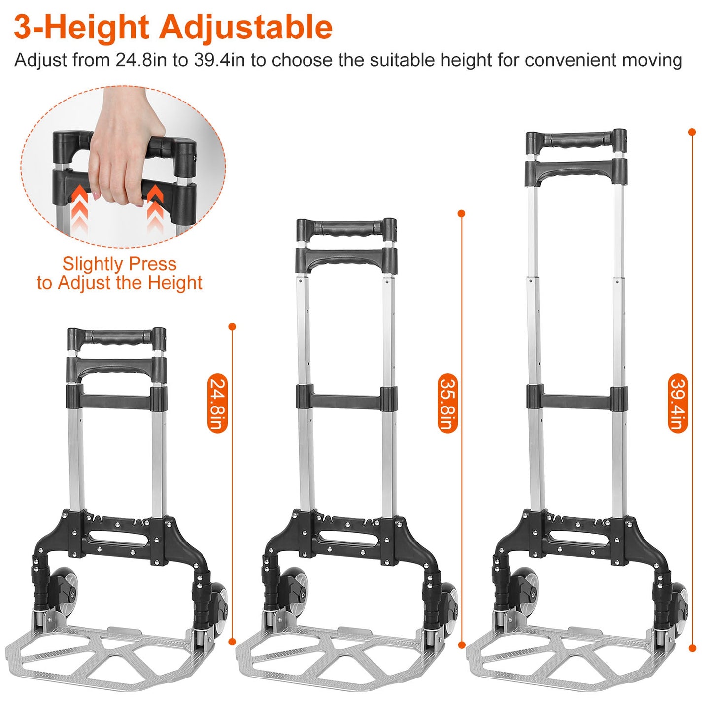 Folding Luggage Cart Foldable Hand Truck Portable Dolly Aluminum Alloy Trolley w/ 3 Height Adjustment Telescopic Handle Elastic Rope 165LBS