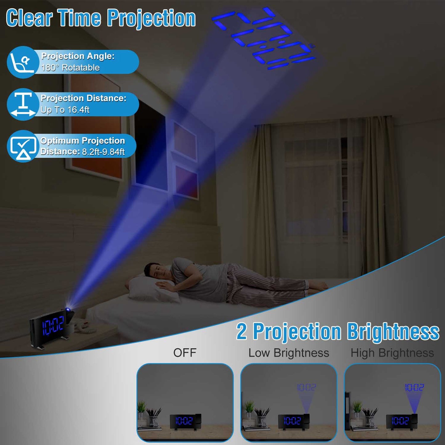 Projection Alarm Clock with Radio Function 7.7In Curved-Screen LED Digital Alarm Clock w/ Dual Alarms 4 Dimmer 12/24 Hour Blue