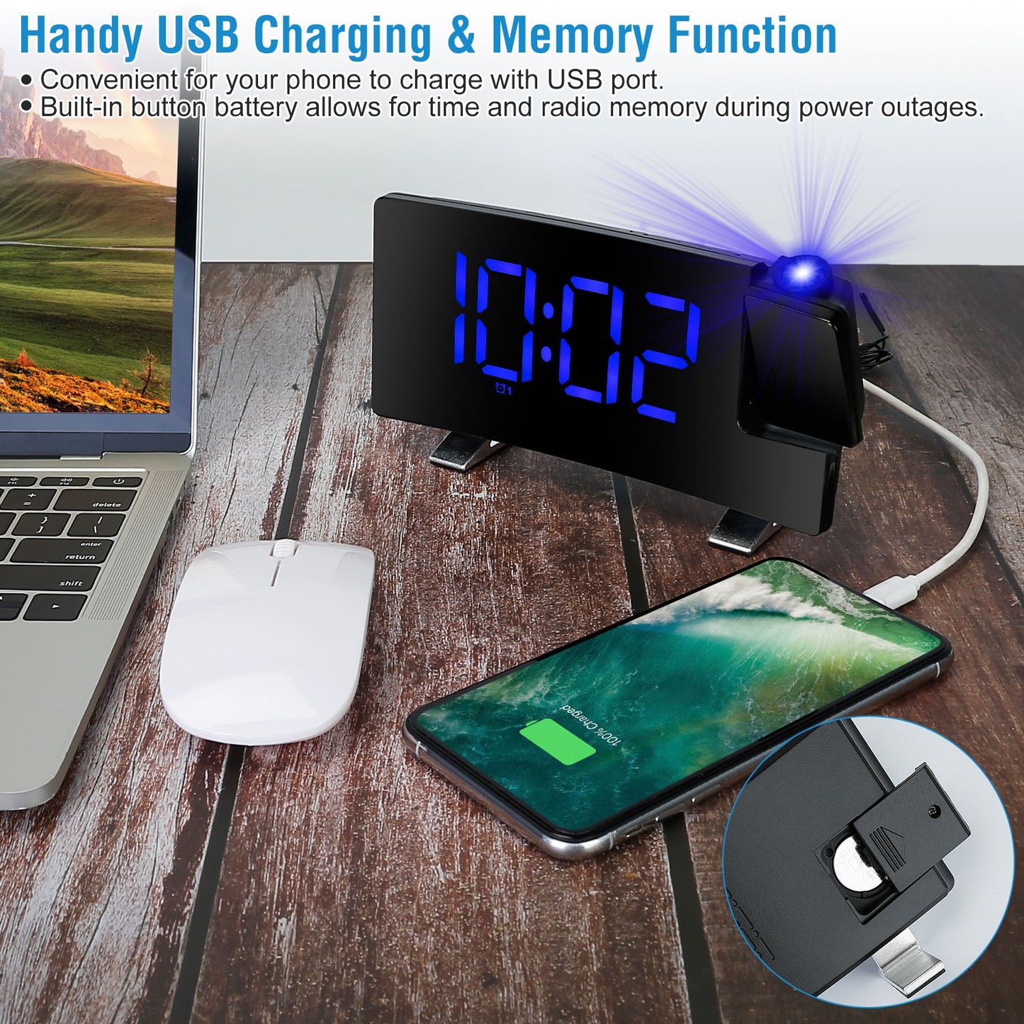 Projection Alarm Clock with Radio Function 7.7In Curved-Screen LED Digital Alarm Clock w/ Dual Alarms 4 Dimmer 12/24 Hour Blue