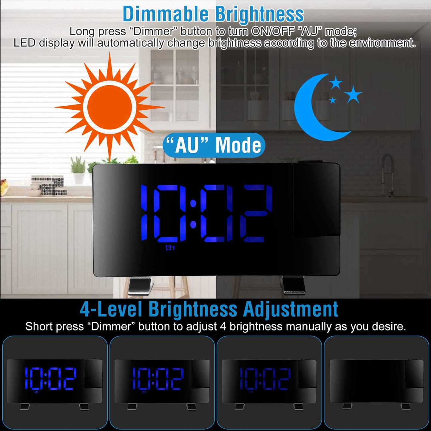 Projection Alarm Clock with Radio Function 7.7In Curved-Screen LED Digital Alarm Clock w/ Dual Alarms 4 Dimmer 12/24 Hour Blue