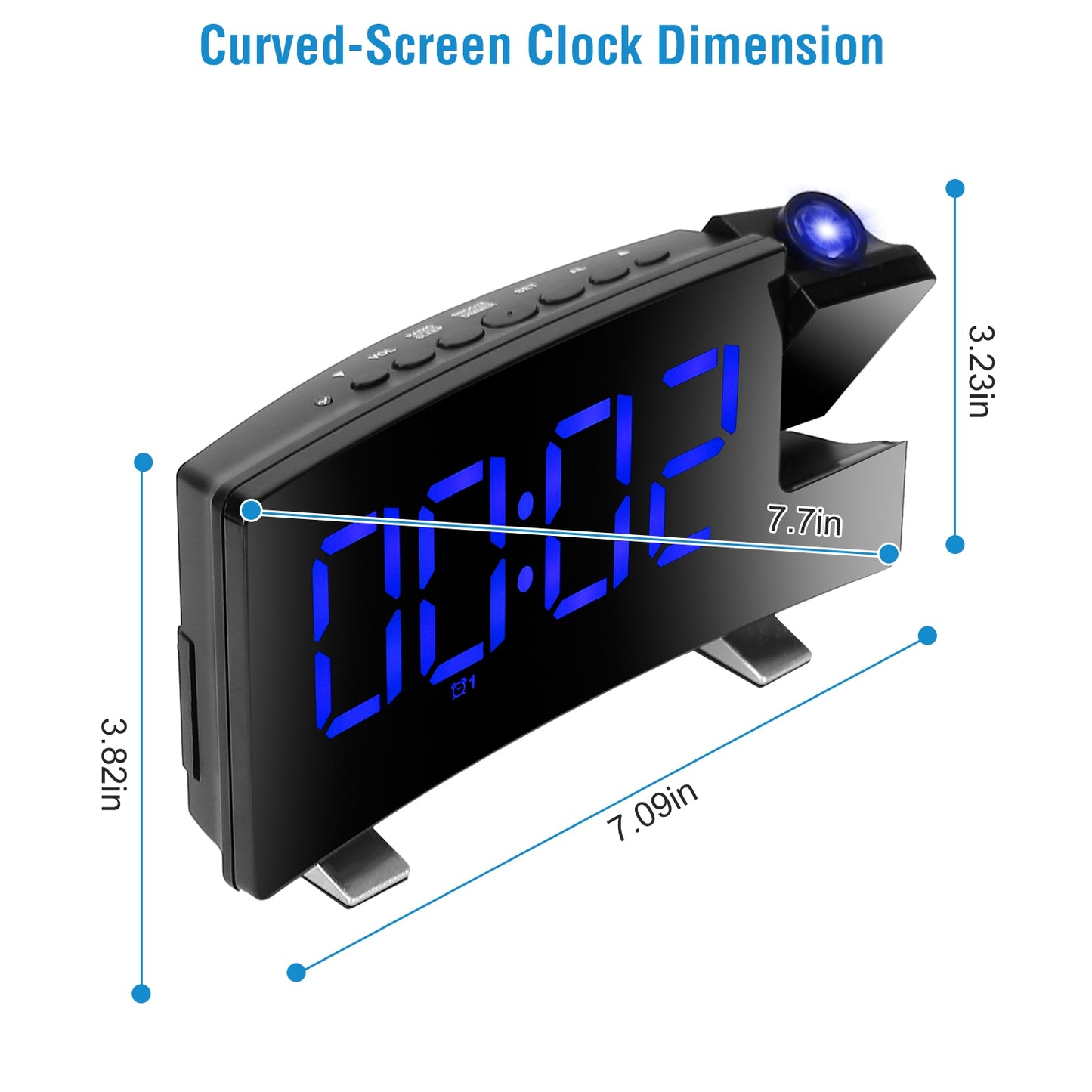 Projection Alarm Clock with Radio Function 7.7In Curved-Screen LED Digital Alarm Clock w/ Dual Alarms 4 Dimmer 12/24 Hour Blue